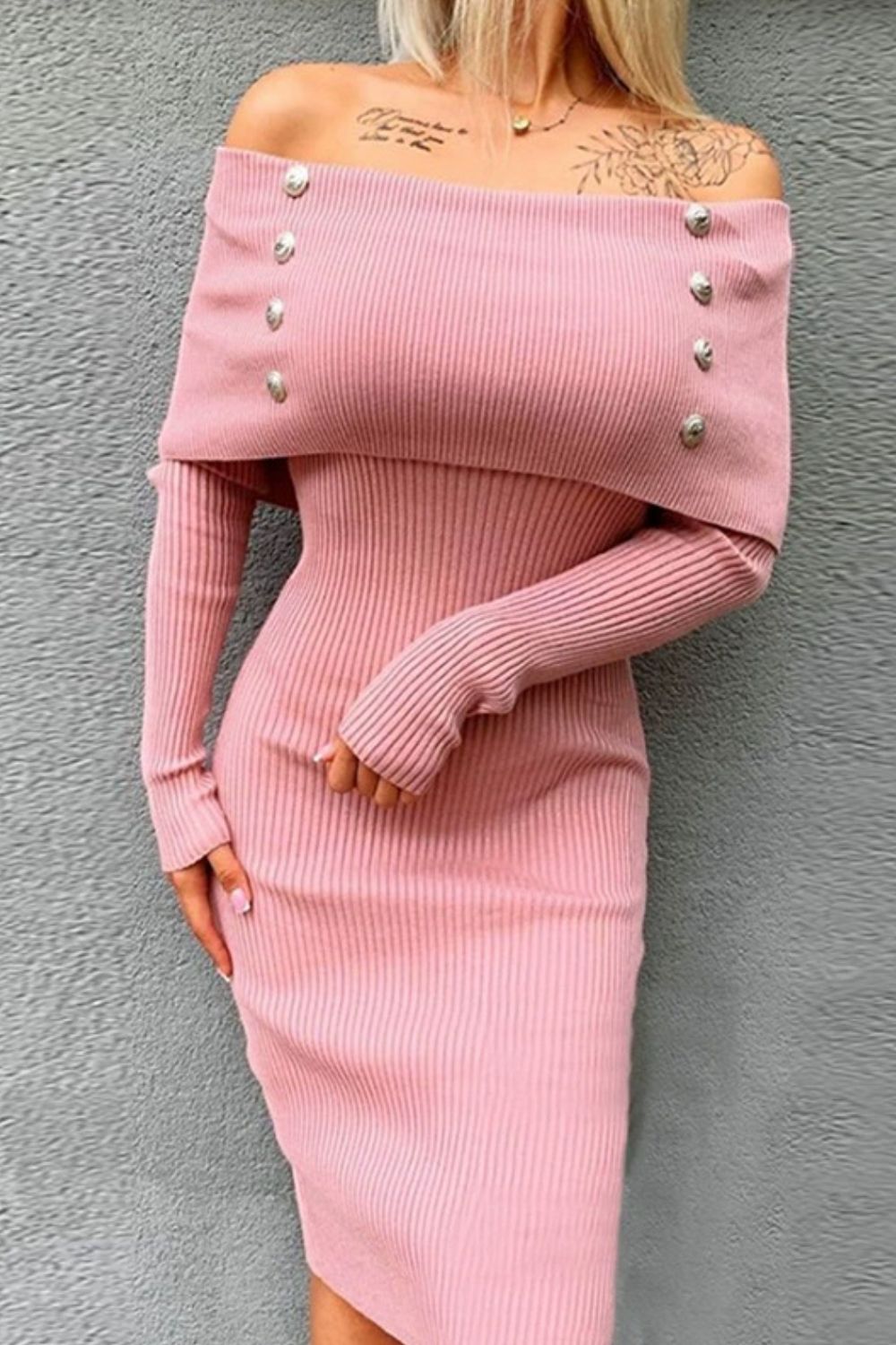 Decorative Button Off-Shoulder Long Sleeve Dress-TOPS / DRESSES-[Adult]-[Female]-Blush Pink-S-2022 Online Blue Zone Planet