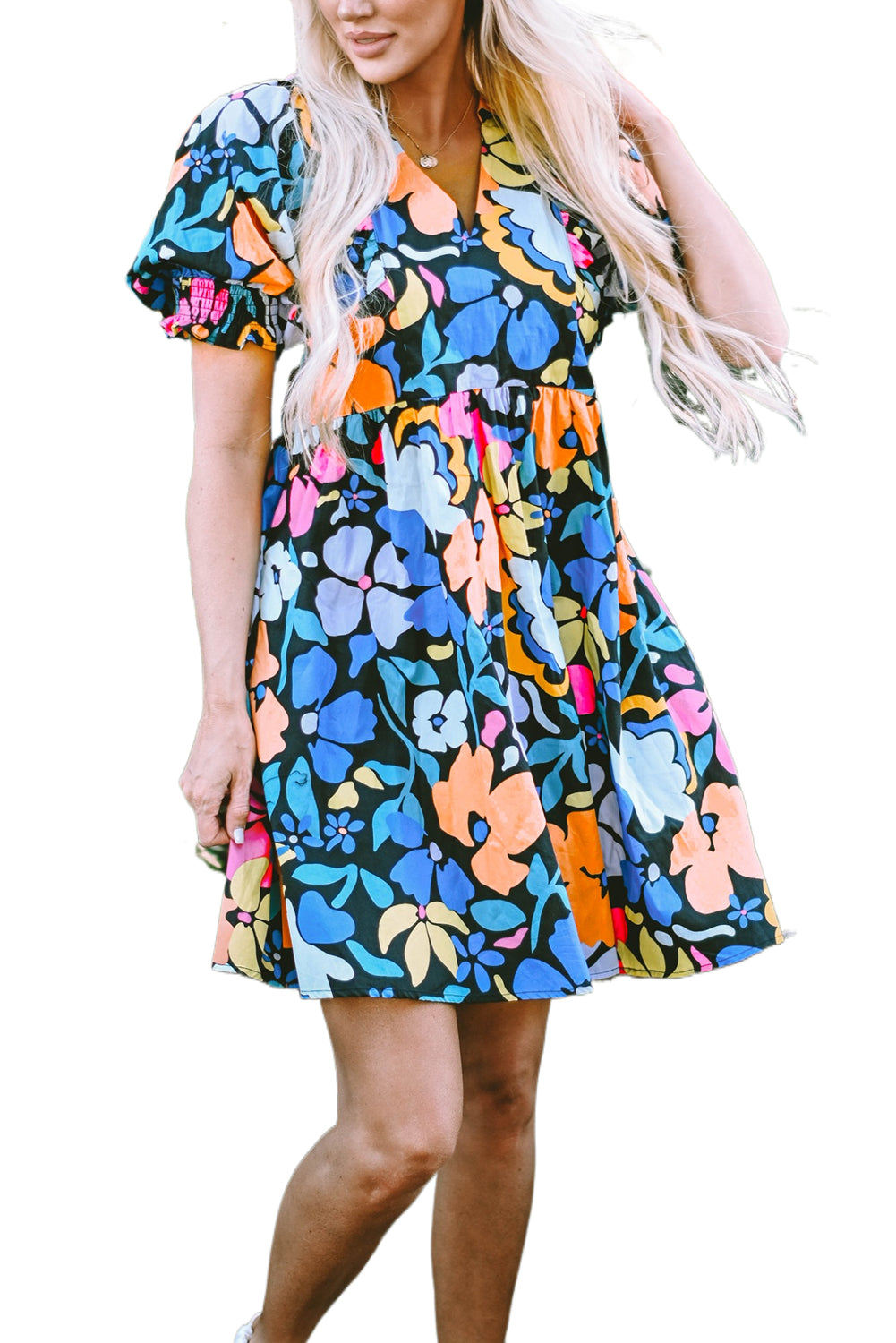 Blue Collared Split Neck Floral Flared Dress-TOPS / DRESSES-[Adult]-[Female]-2022 Online Blue Zone Planet