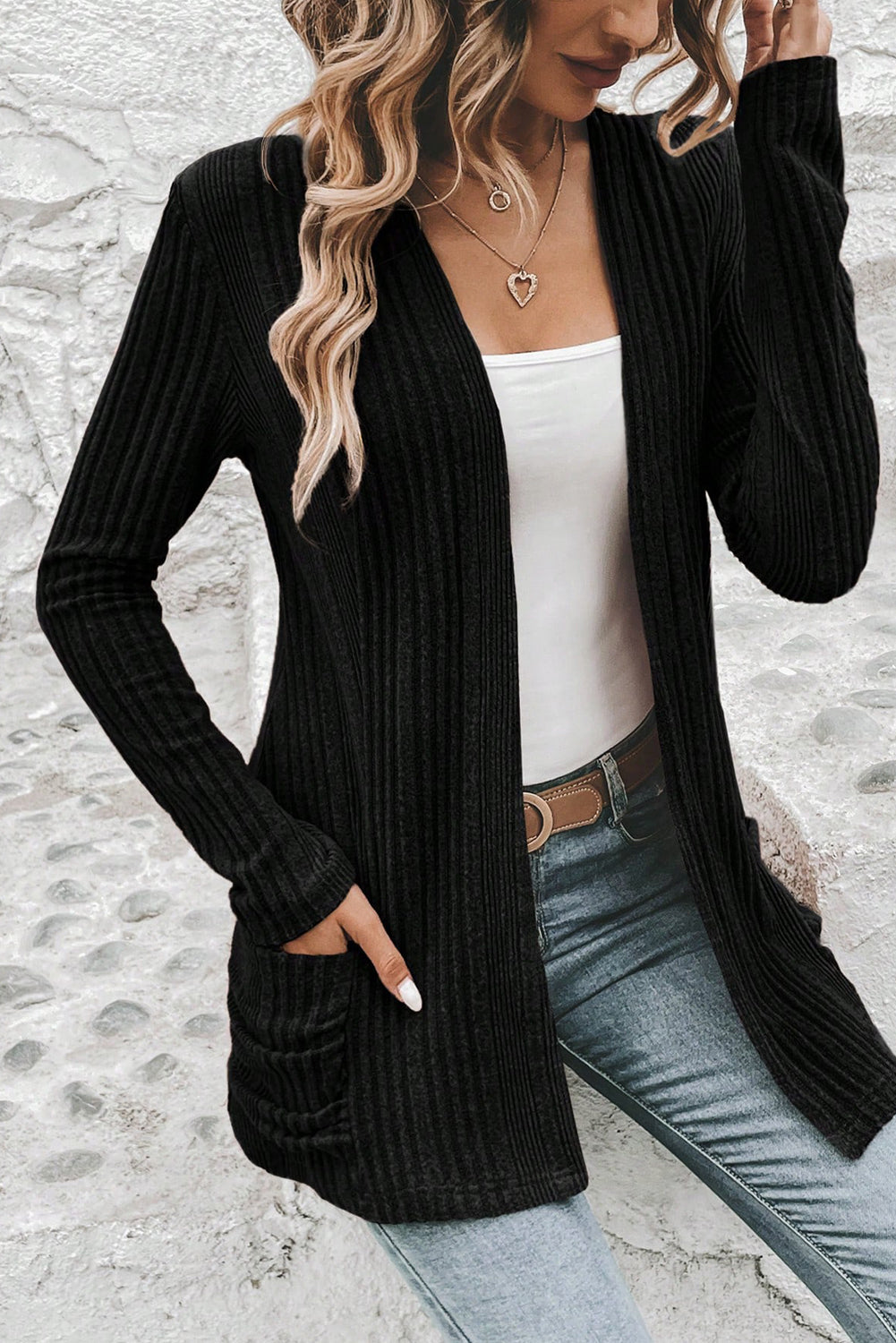 Black Ribbed Open Front Knitted Top with Pockets-Sweaters & Cardigans/Cardigans-[Adult]-[Female]-2022 Online Blue Zone Planet