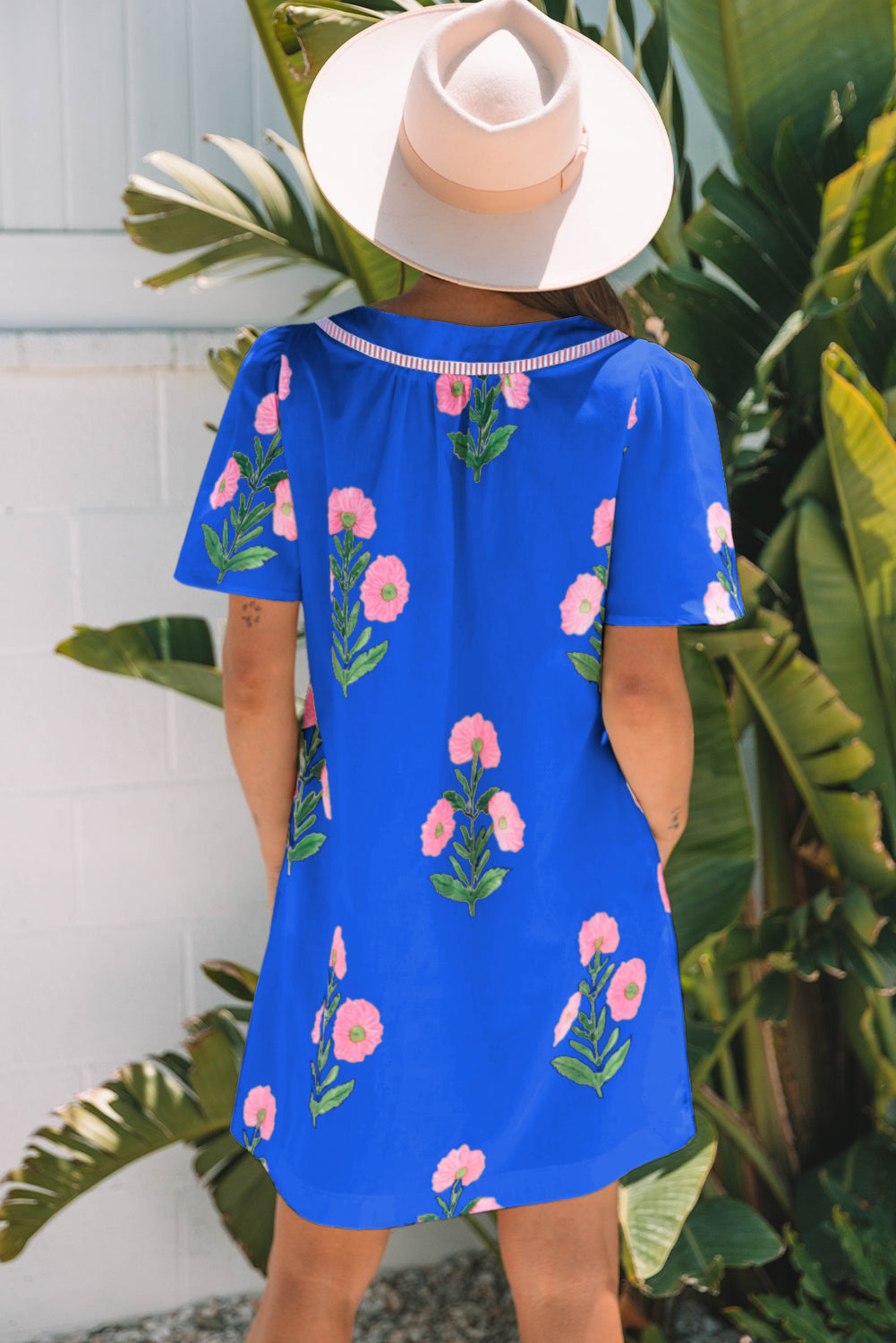 Blue Floral Short Sleeve Split Neck Loose Mini Dress-TOPS / DRESSES-[Adult]-[Female]-2022 Online Blue Zone Planet