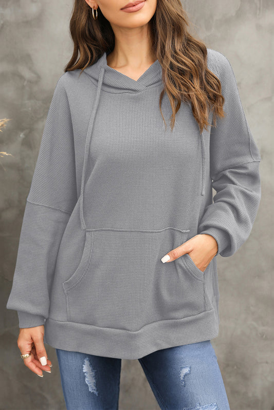 Waffle-Knit Long Sleeve Hoodie-HOODIES-[Adult]-[Female]-Dark Gray-S-2022 Online Blue Zone Planet