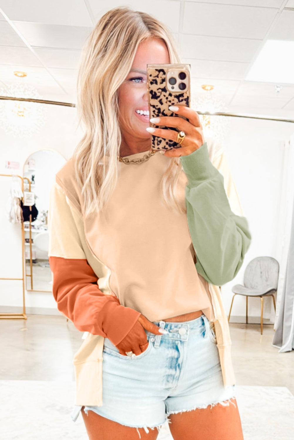 Beige Color Block Patchwork Split Hem Casual Sweatshirt-Tops/Sweatshirts & Hoodies-[Adult]-[Female]-2022 Online Blue Zone Planet