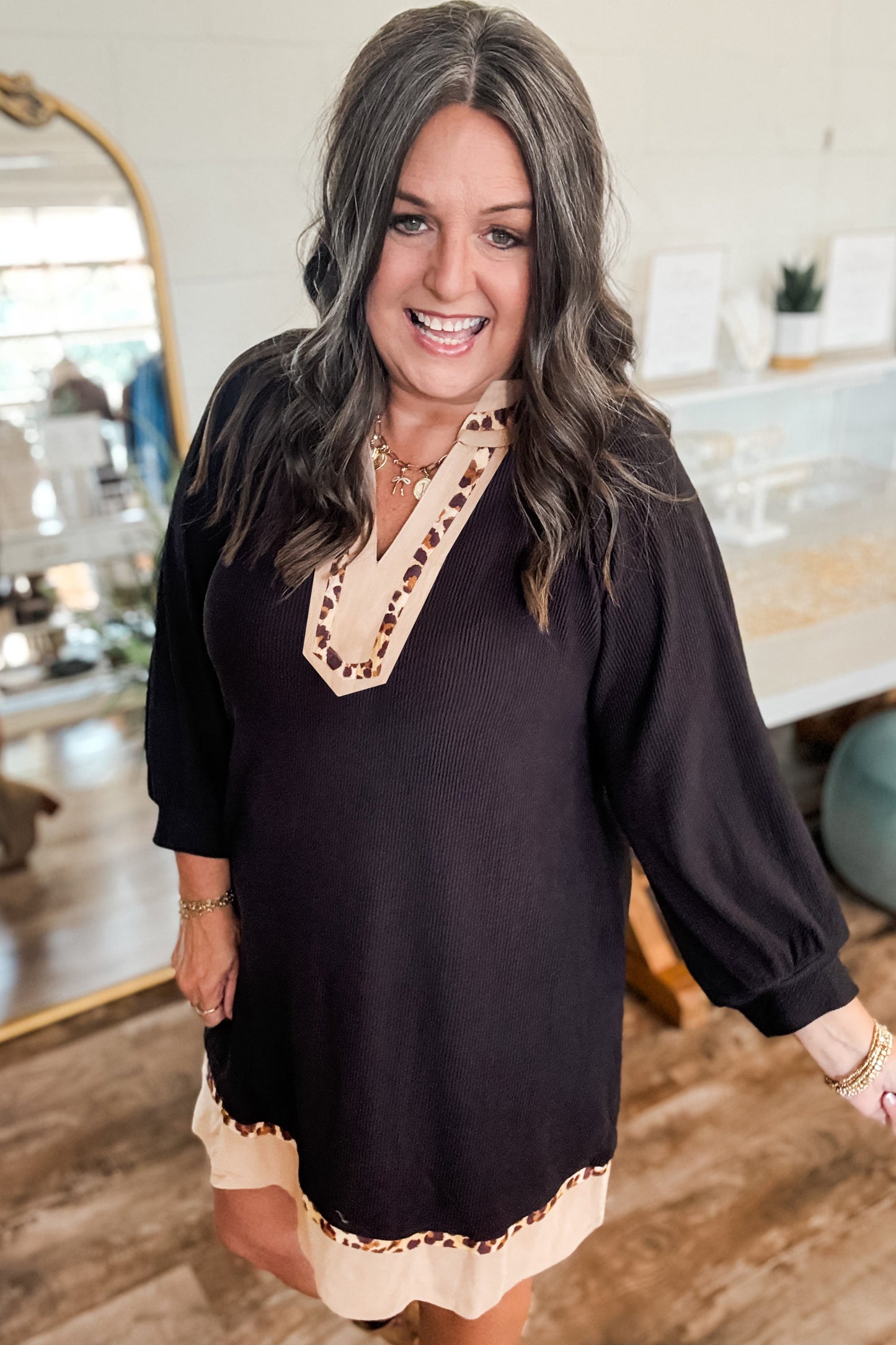 Black Contrast Color Block Leopard Trim Plus Size Ribbed Dress-TOPS / DRESSES-[Adult]-[Female]-2022 Online Blue Zone Planet