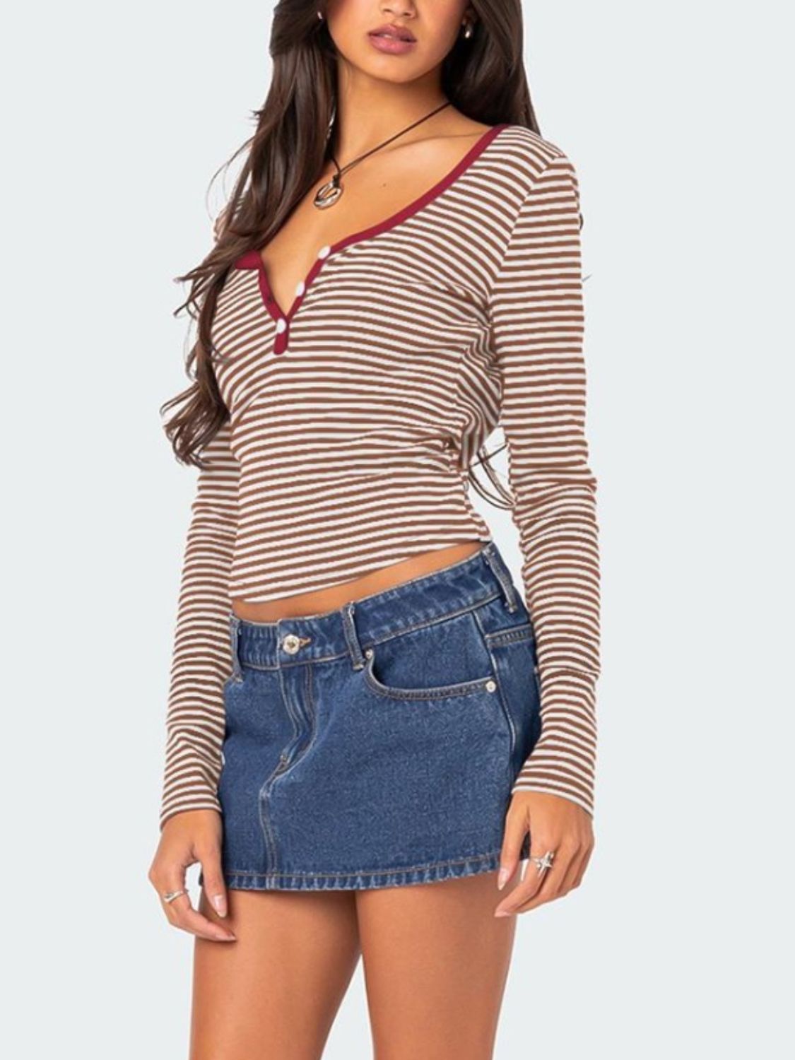 Buttoned Striped Long Sleeve T-Shirt-TOPS / DRESSES-[Adult]-[Female]-2022 Online Blue Zone Planet