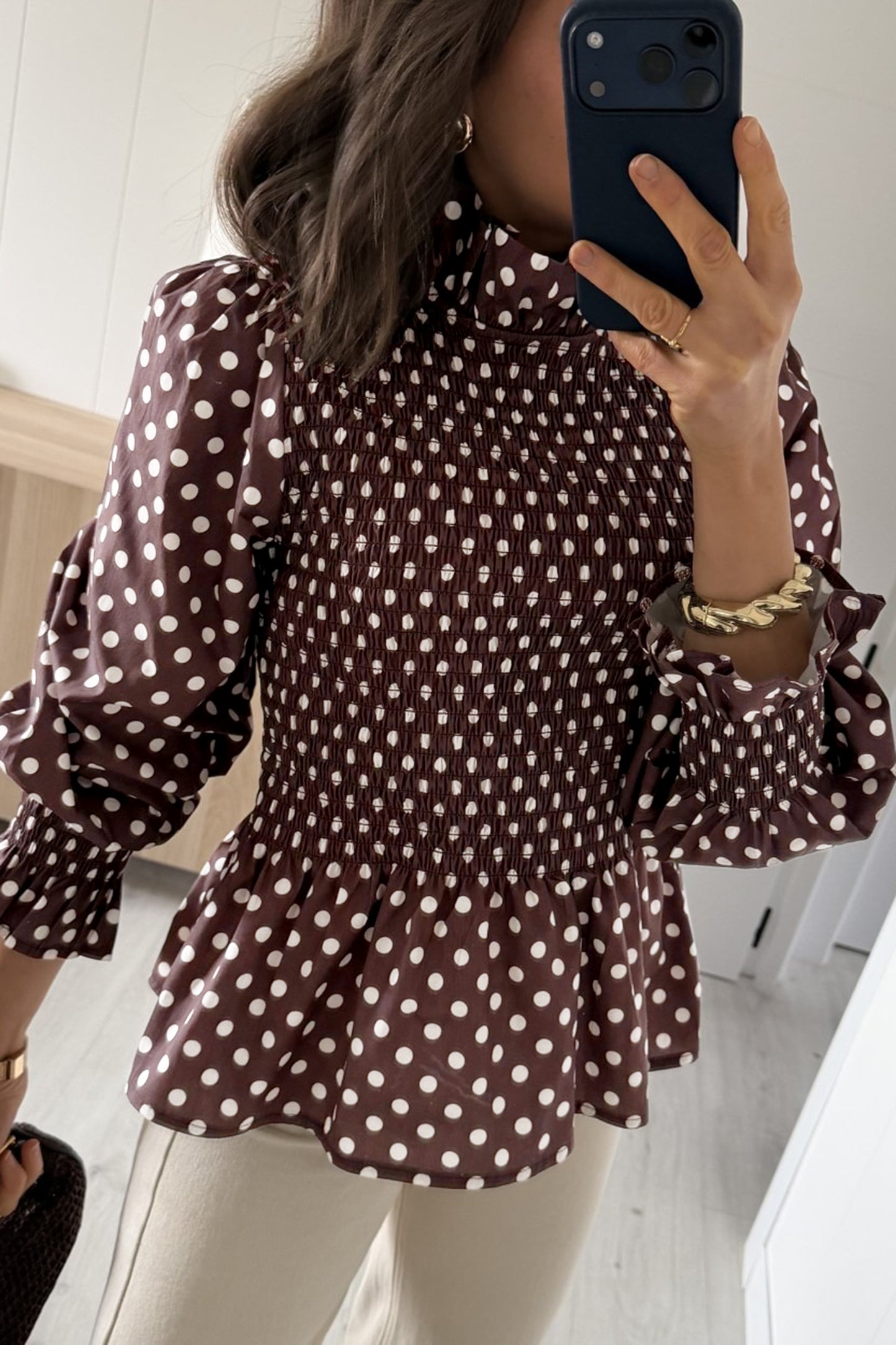 Brown Polka Dot Ruffled High Neck Shirred Ruffle Hem Blouse-Tops/Blouses & Shirts-[Adult]-[Female]-2022 Online Blue Zone Planet