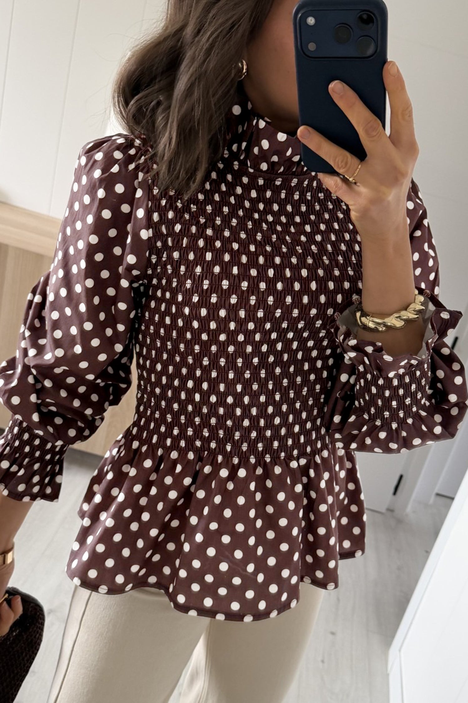 Brown Polka Dot Ruffled High Neck Shirred Ruffle Hem Blouse-Tops/Blouses & Shirts-[Adult]-[Female]-2022 Online Blue Zone Planet