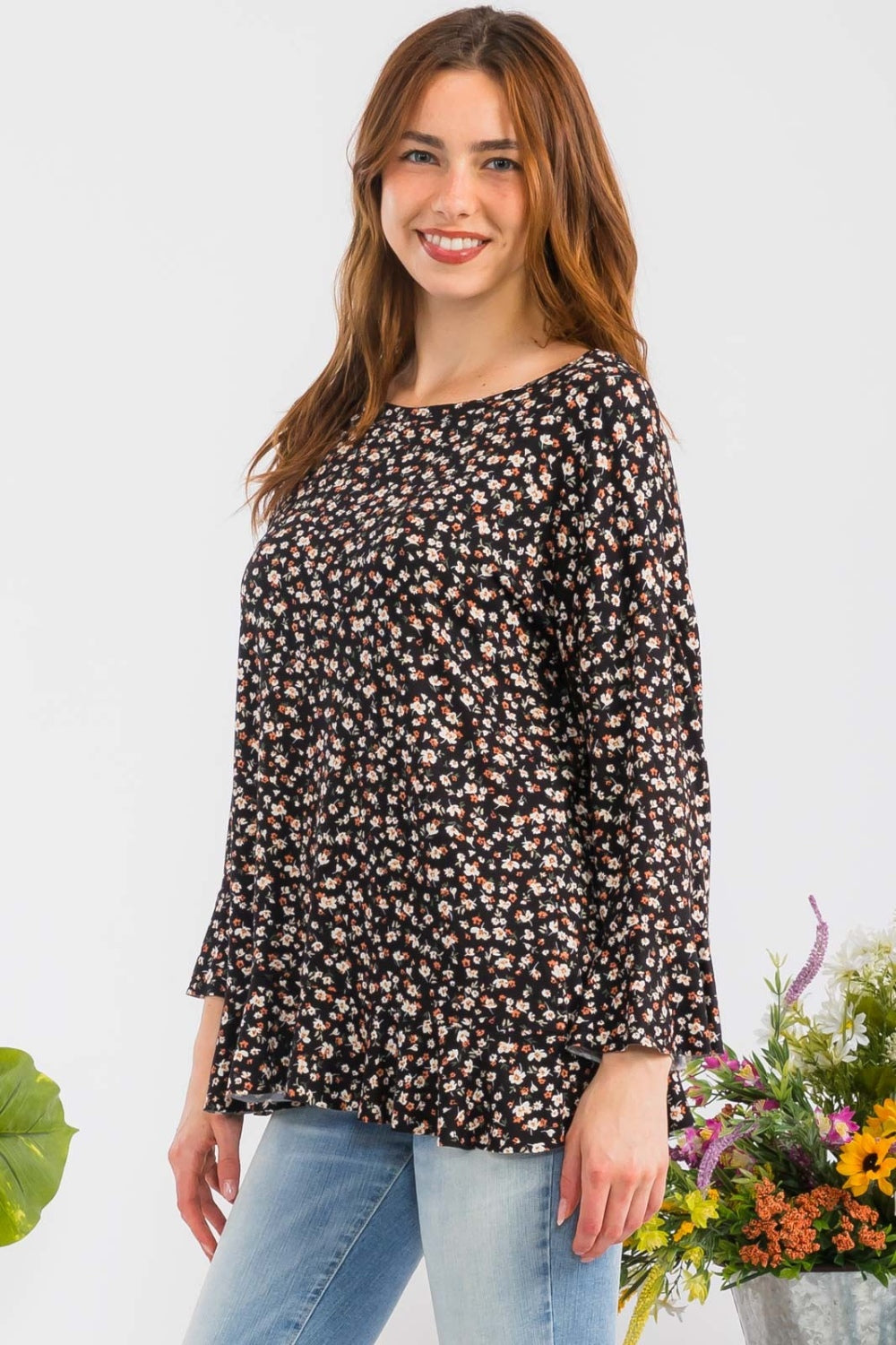 Celeste Full Size Floral Ruffle Detail Top-TOPS / DRESSES-[Adult]-[Female]-2022 Online Blue Zone Planet