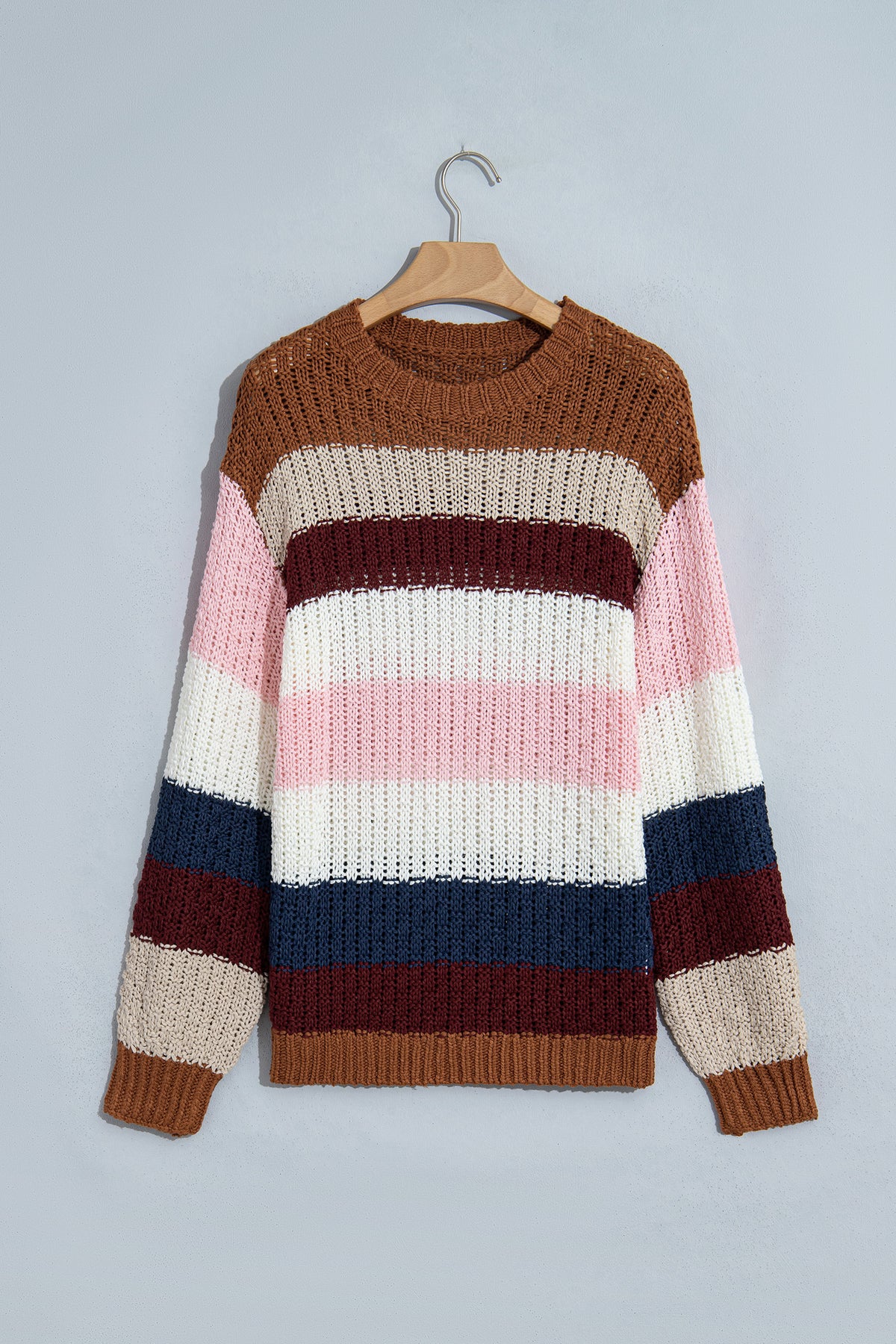 Multicolour Striped Knit Dropped Shoulder Round Neck Pullover Sweater-Sweaters & Cardigans/Sweaters-[Adult]-[Female]-2022 Online Blue Zone Planet