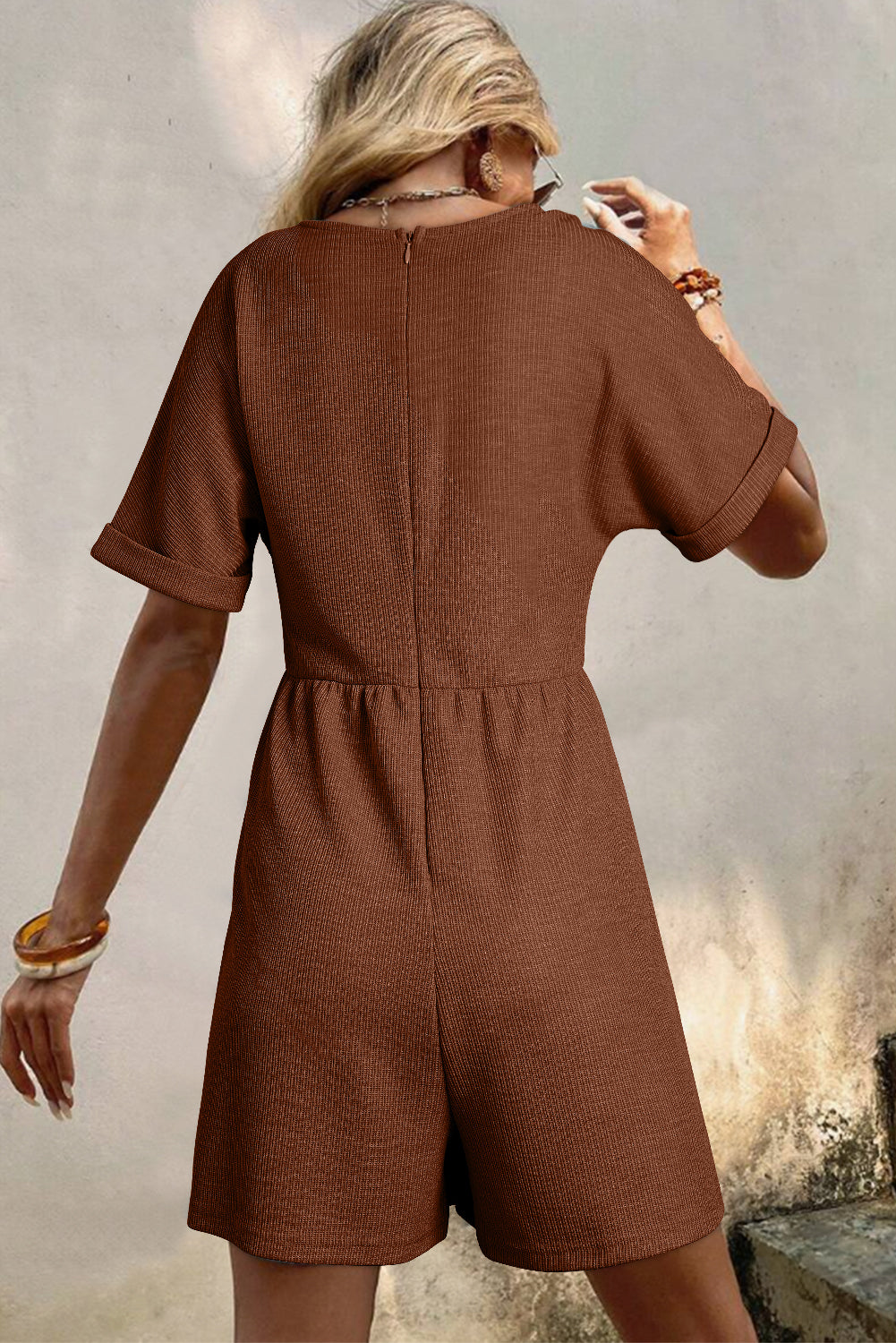 Coffee Solid Color Knit V Neck Zipped Loose Romper-Bottoms/Jumpsuits & Rompers-[Adult]-[Female]-2022 Online Blue Zone Planet