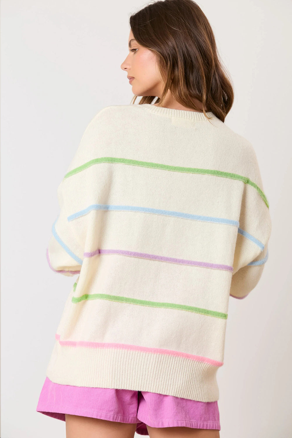 White Rainbow Stripes Drop Shoulder Baggy Henley Sweater-Sweaters & Cardigans/Sweaters-[Adult]-[Female]-2022 Online Blue Zone Planet