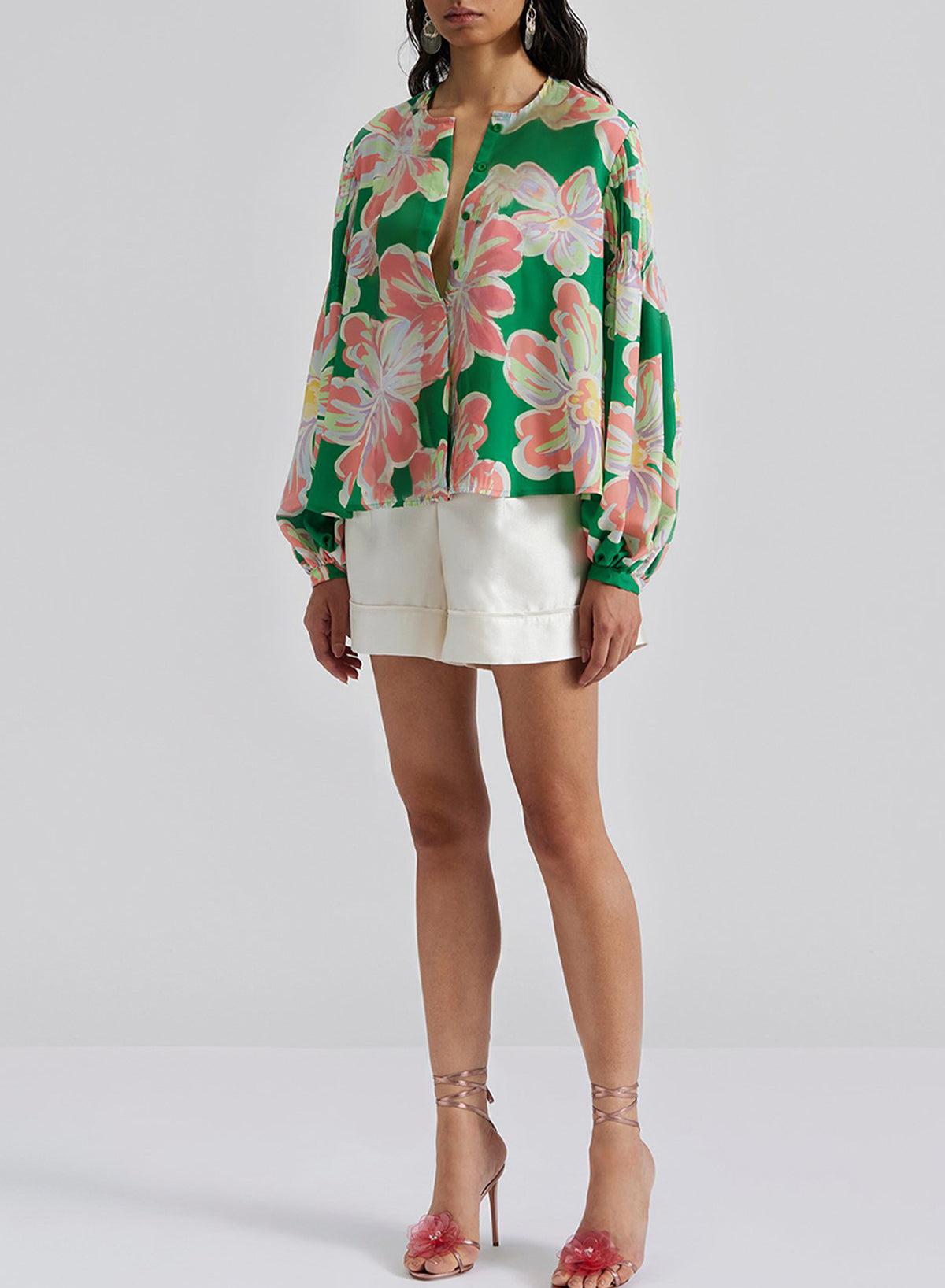 Green Floral Print Button up Pleated Puff Sleeve Loose Shirt-Tops/Blouses & Shirts-[Adult]-[Female]-2022 Online Blue Zone Planet