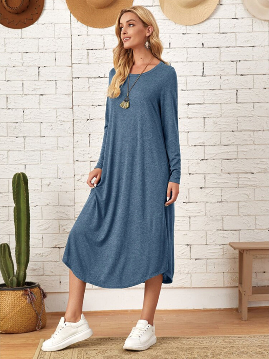 Pocketed Round Neck Long Sleeve Tee Dress-TOPS / DRESSES-[Adult]-[Female]-2022 Online Blue Zone Planet