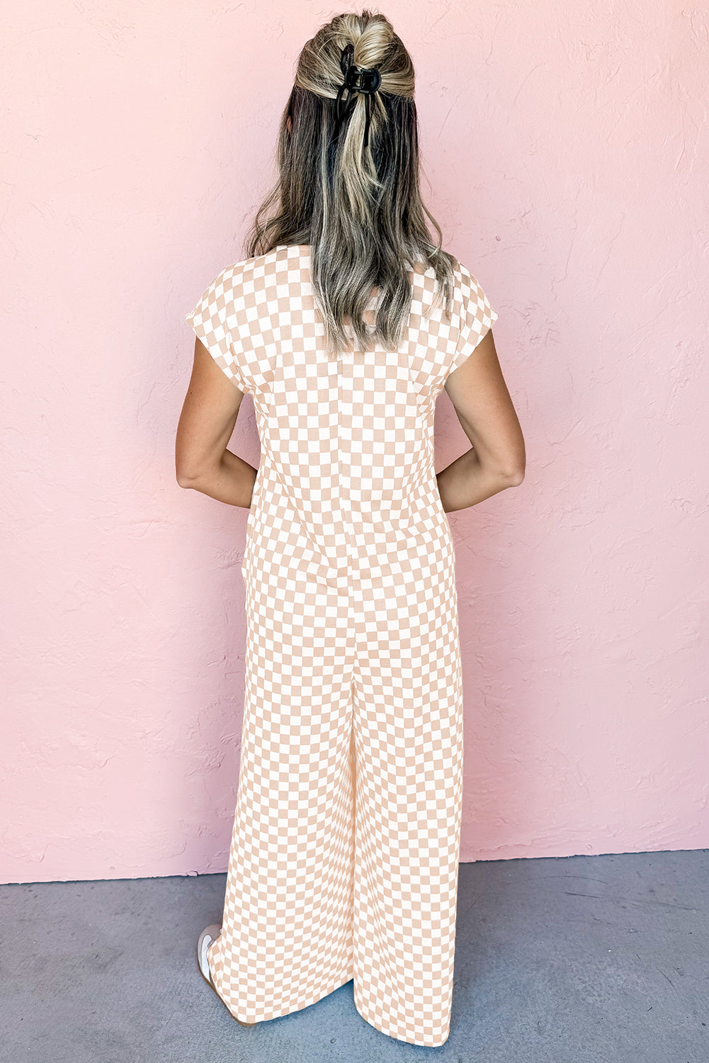 Apricot Checkered Print Buttoned Crew Neck Wide Leg Jumpsuit-Bottoms/Jumpsuits & Rompers-[Adult]-[Female]-2022 Online Blue Zone Planet