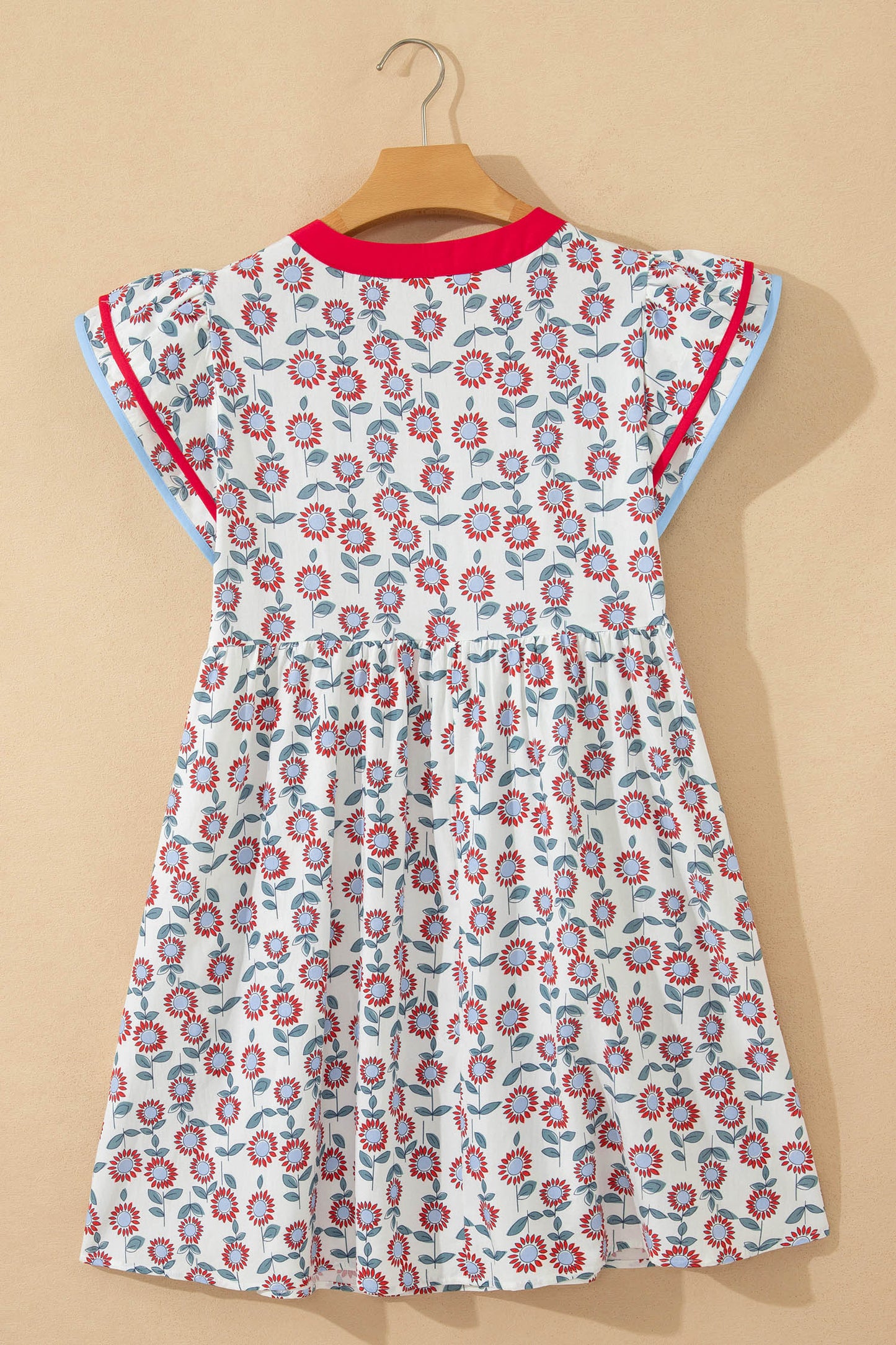 Sky Blue Floral Print Contrast Trim Flutter Sleeve Mini Dress-TOPS / DRESSES-[Adult]-[Female]-2022 Online Blue Zone Planet