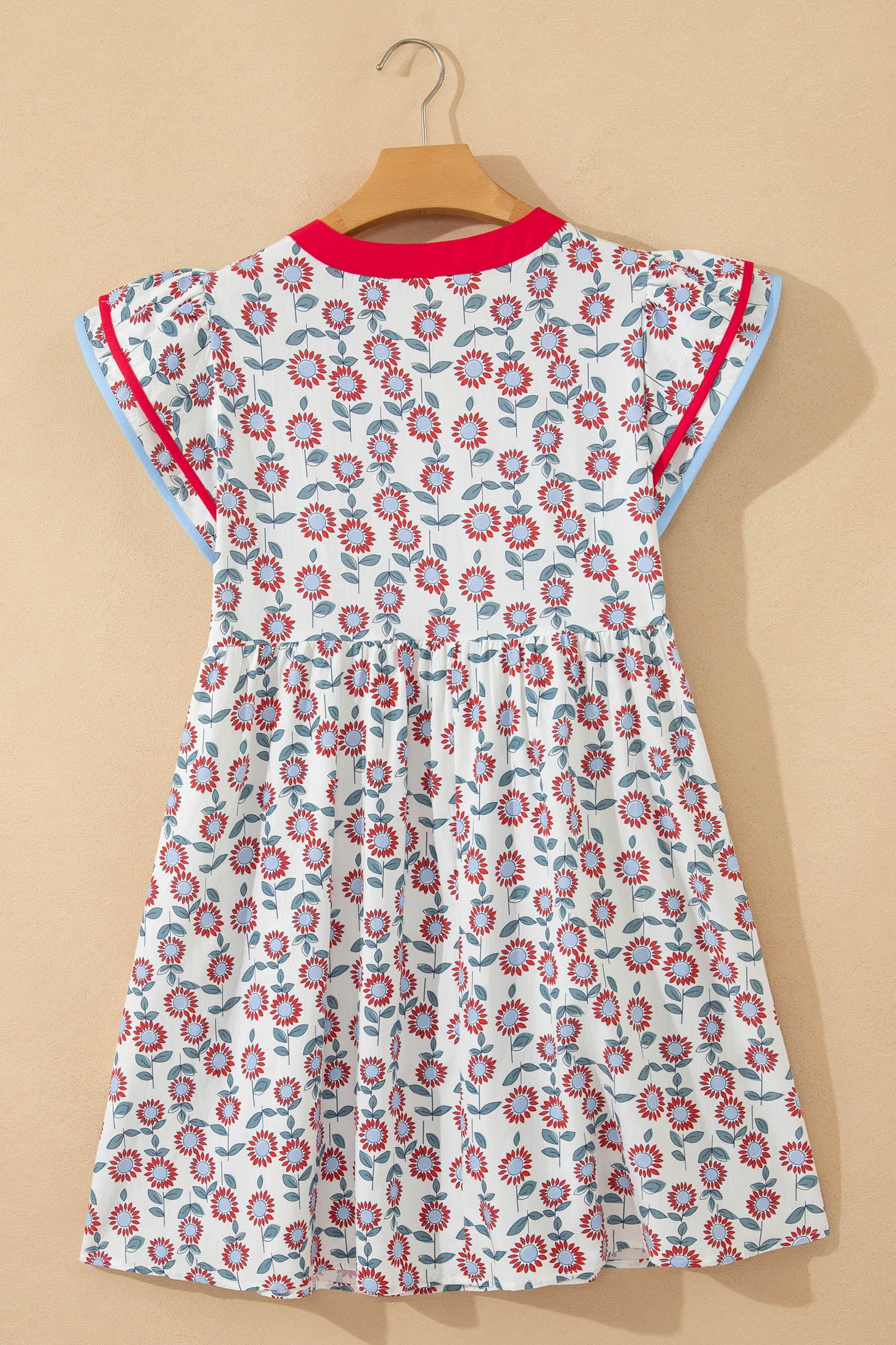 Sky Blue Floral Print Contrast Trim Flutter Sleeve Mini Dress-TOPS / DRESSES-[Adult]-[Female]-2022 Online Blue Zone Planet