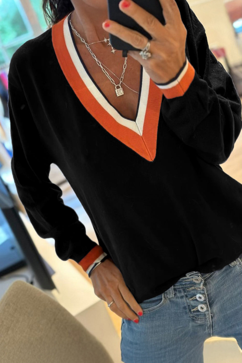 Black Contrast Striped Trim V Neck Varsity Sweater-TOPS / DRESSES-[Adult]-[Female]-2022 Online Blue Zone Planet