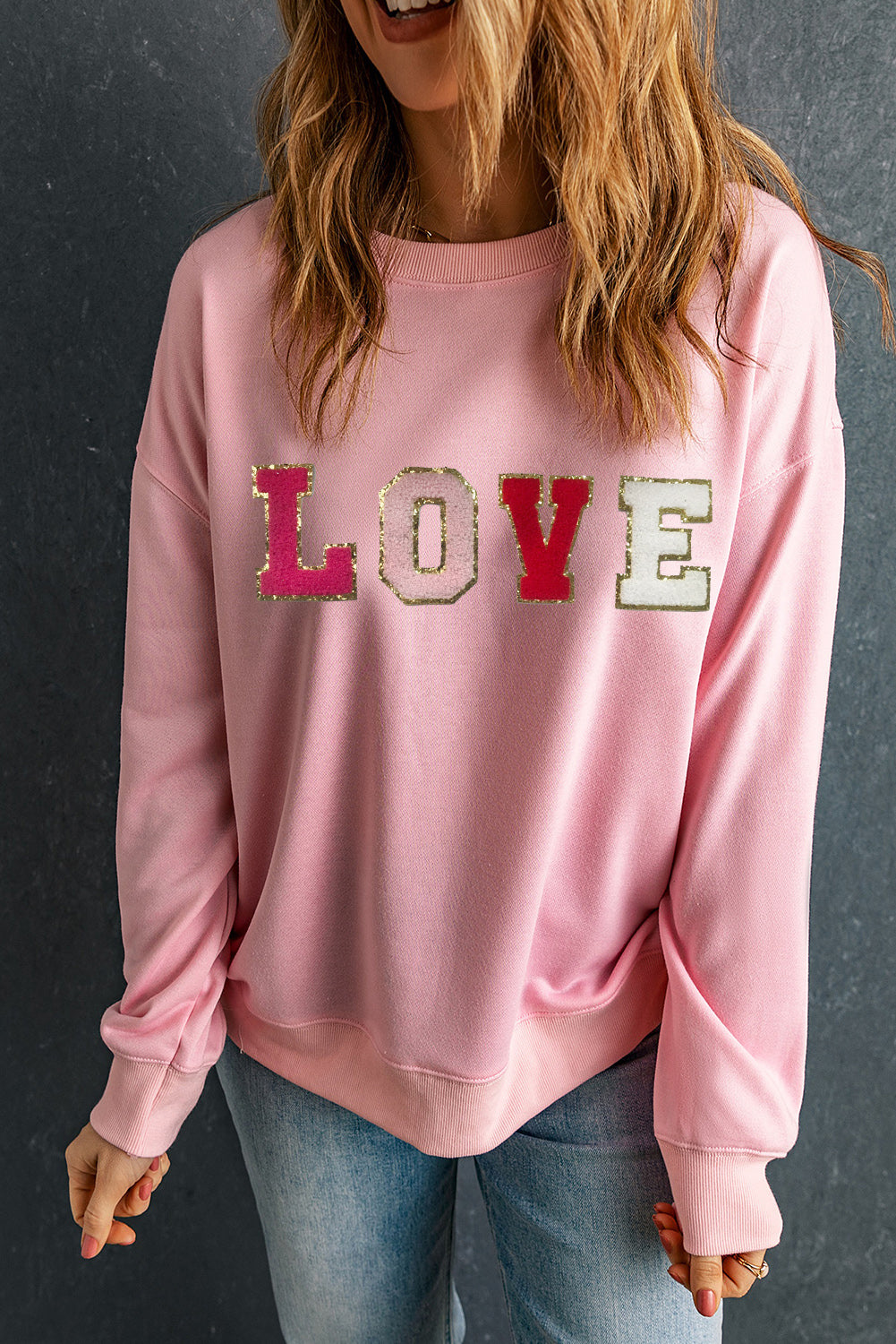 Pink Valentine LOVE Chenille Embroidered Sweatshirt-Graphic/Graphic Sweatshirts-[Adult]-[Female]-2022 Online Blue Zone Planet
