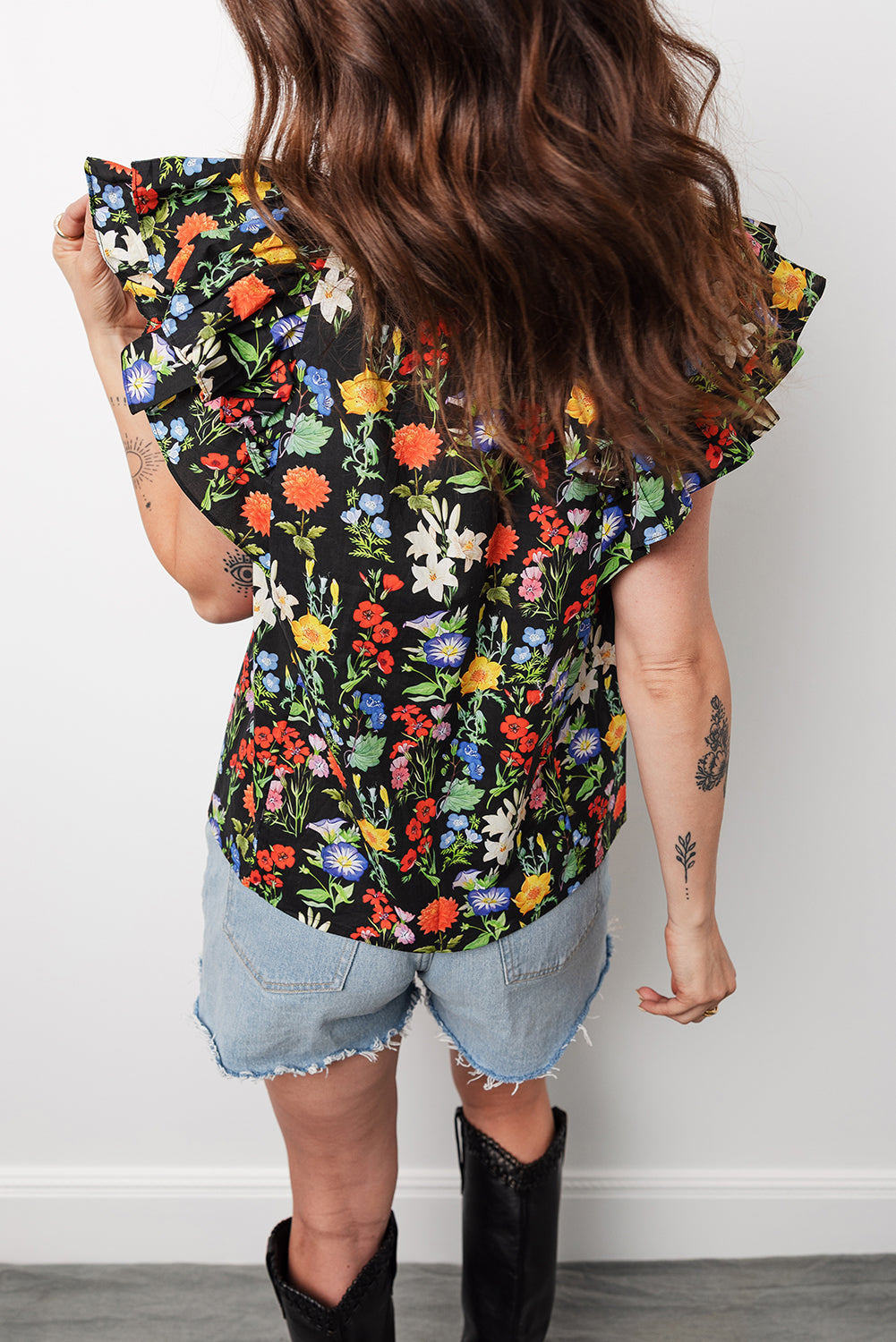 Black Tiered Flutter Sleeve V Neck Flower Blouse