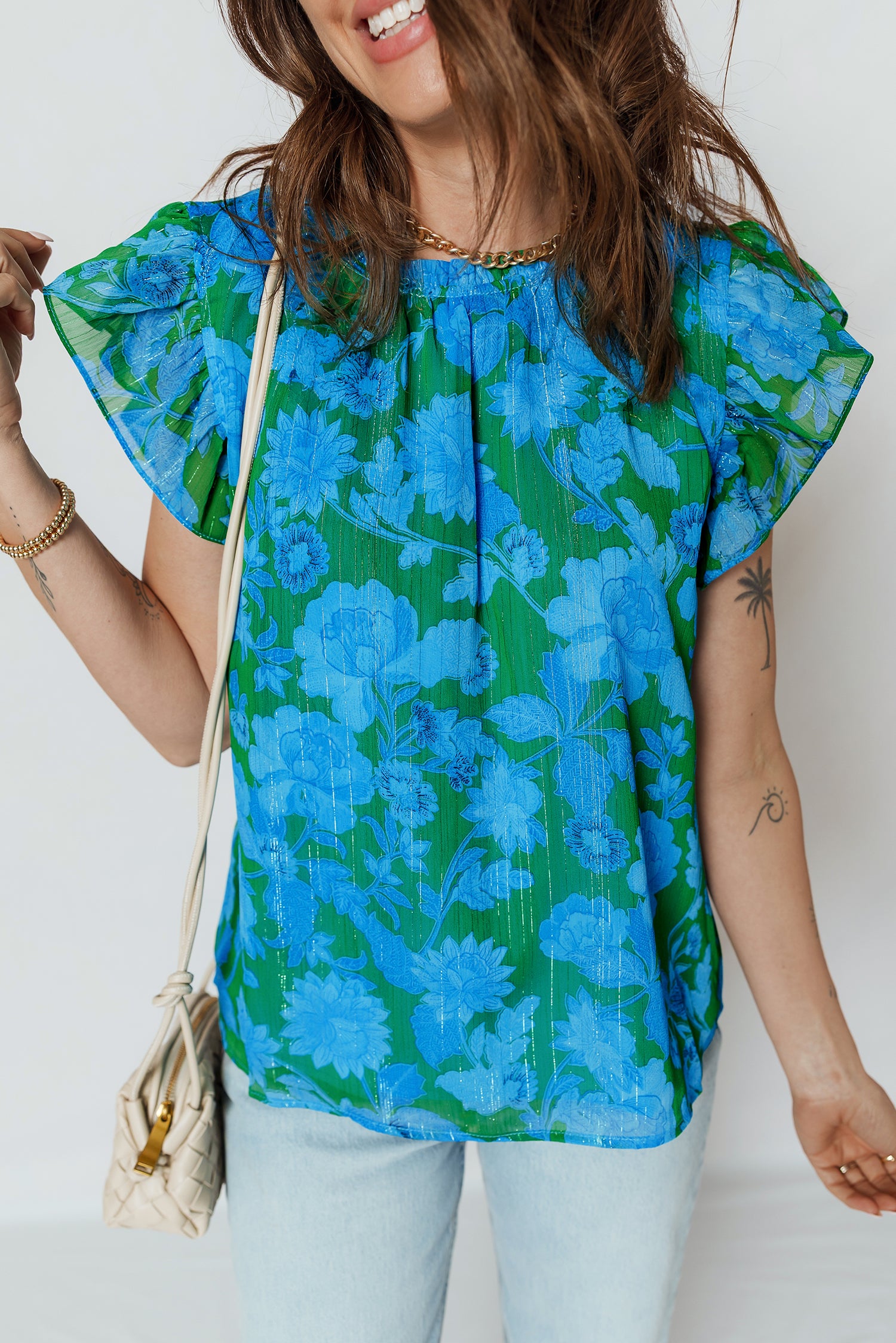 Green Floral Print Ruffled Sleeve Summer Blouse-Tops/Blouses & Shirts-[Adult]-[Female]-2022 Online Blue Zone Planet