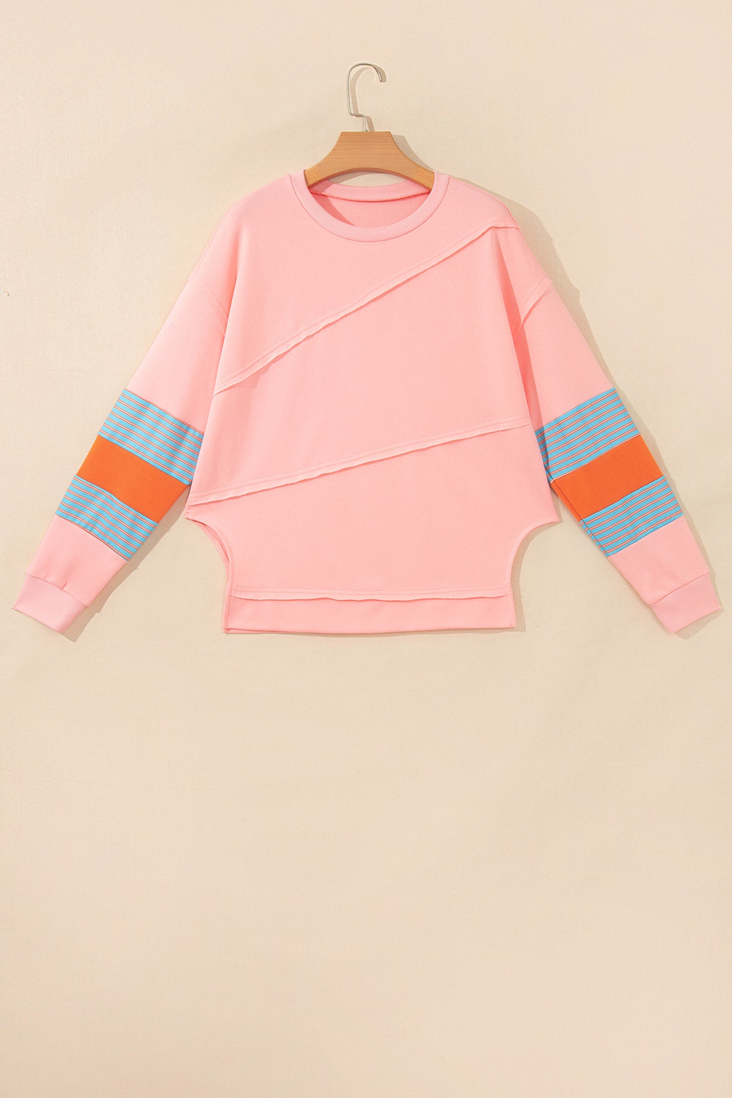 Pink Colorblock Striped Patchwork Long Sleeve Round Neck Blouse-Tops/Long Sleeve Tops-[Adult]-[Female]-2022 Online Blue Zone Planet