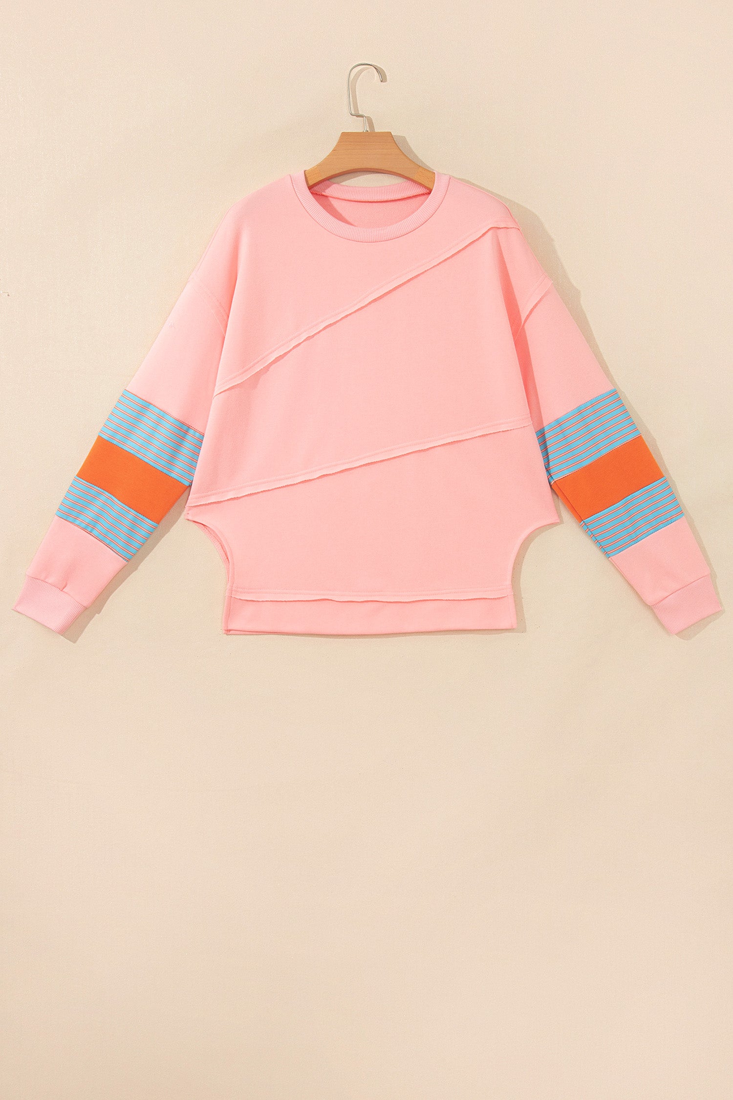 Pink Colorblock Striped Patchwork Long Sleeve Round Neck Blouse-Tops/Long Sleeve Tops-[Adult]-[Female]-2022 Online Blue Zone Planet
