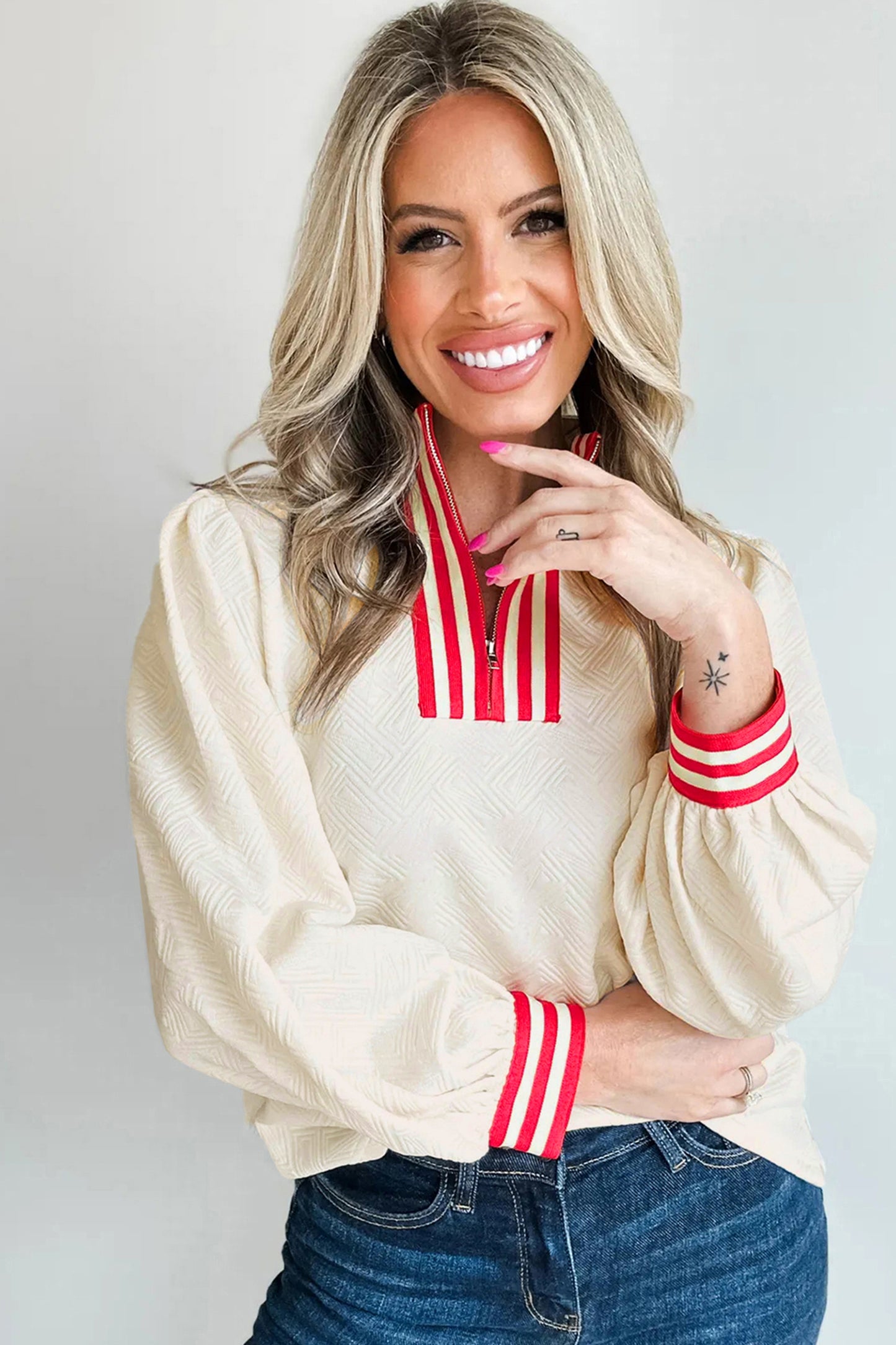 White Textured Knit Contrast Striped Accent Zipped Collar Pullover Top-Tops/Long Sleeve Tops-[Adult]-[Female]-2022 Online Blue Zone Planet