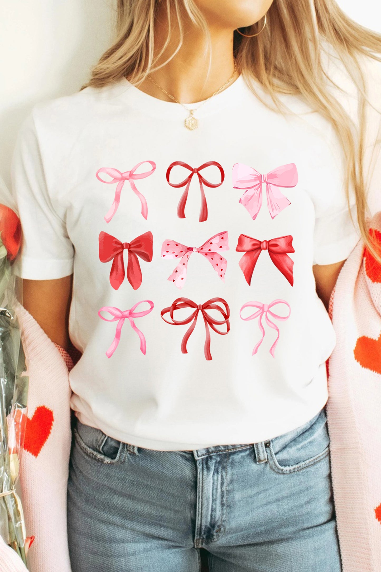 White Diverse Bow Printed Valentines Fashion T Shirt-Graphic Tees-[Adult]-[Female]-2022 Online Blue Zone Planet
