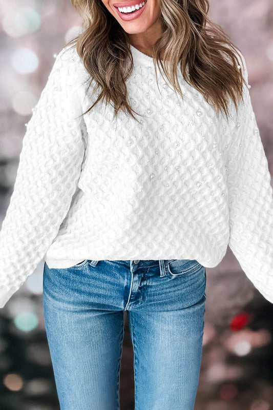 White Solid Textured Knit Pearl Embellished Pullover Sweater-Sweaters & Cardigans/Sweaters-[Adult]-[Female]-White-S-2022 Online Blue Zone Planet