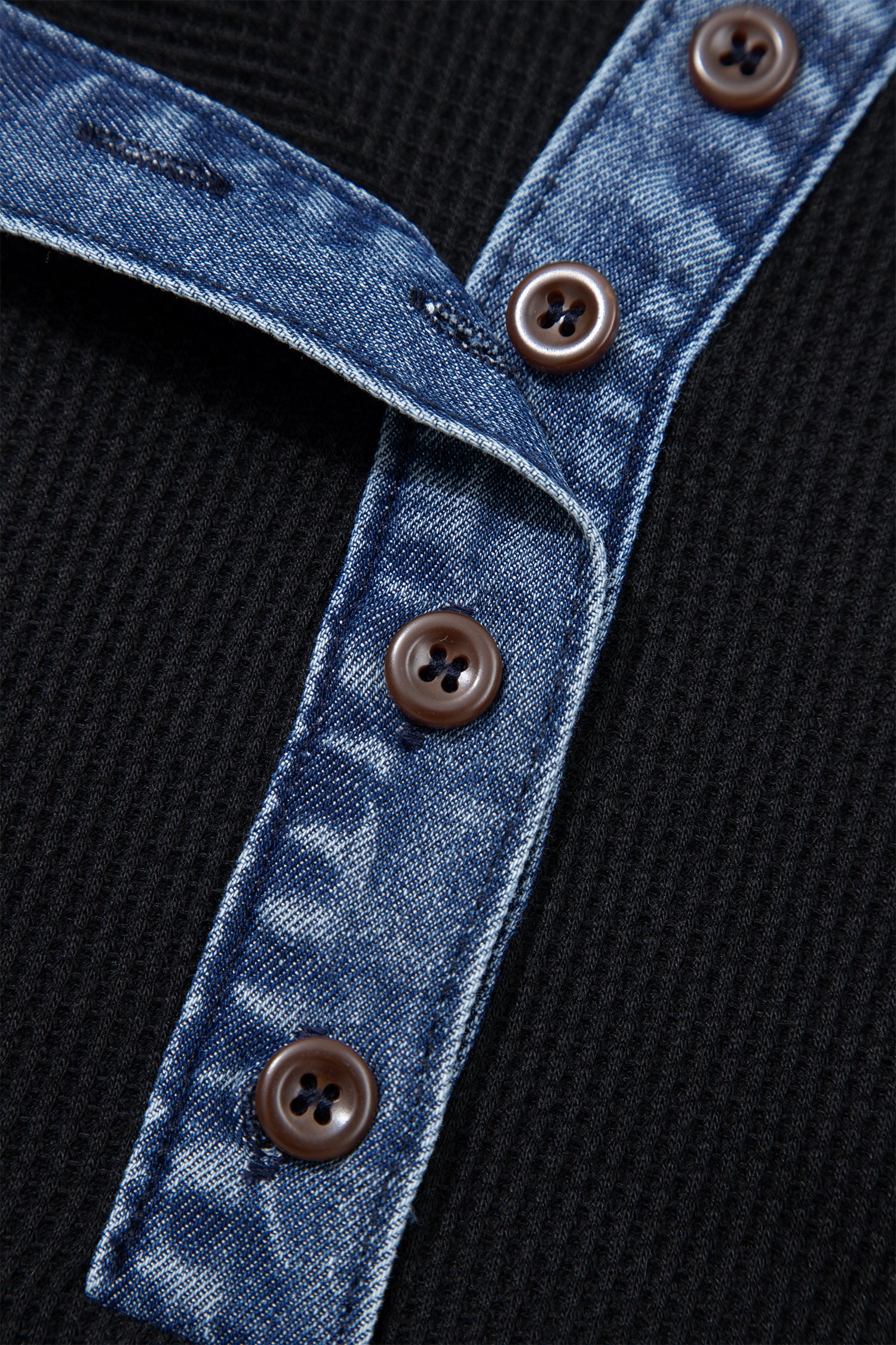 Black Waffle Knit Denim Contrast Trim Patchwork Button Polo Collar Top-Tops/Tops & Tees-[Adult]-[Female]-2022 Online Blue Zone Planet