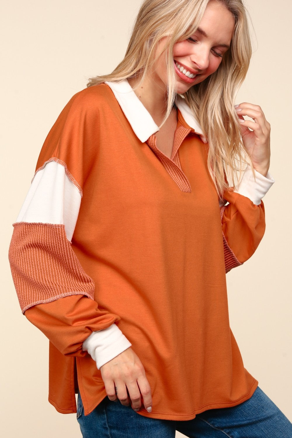 Haptics Color Block Exposed Seam Long Sleeve Top-TOPS / DRESSES-[Adult]-[Female]-2022 Online Blue Zone Planet