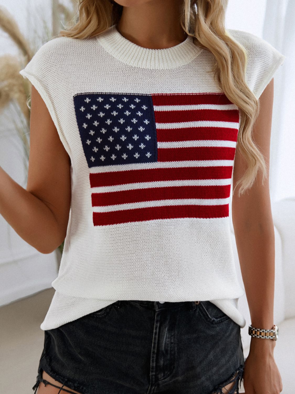 Blue Zone Planet | Devine US Flag Round Neck Sweater Vest-TOPS / DRESSES-[Adult]-[Female]-2022 Online Blue Zone Planet