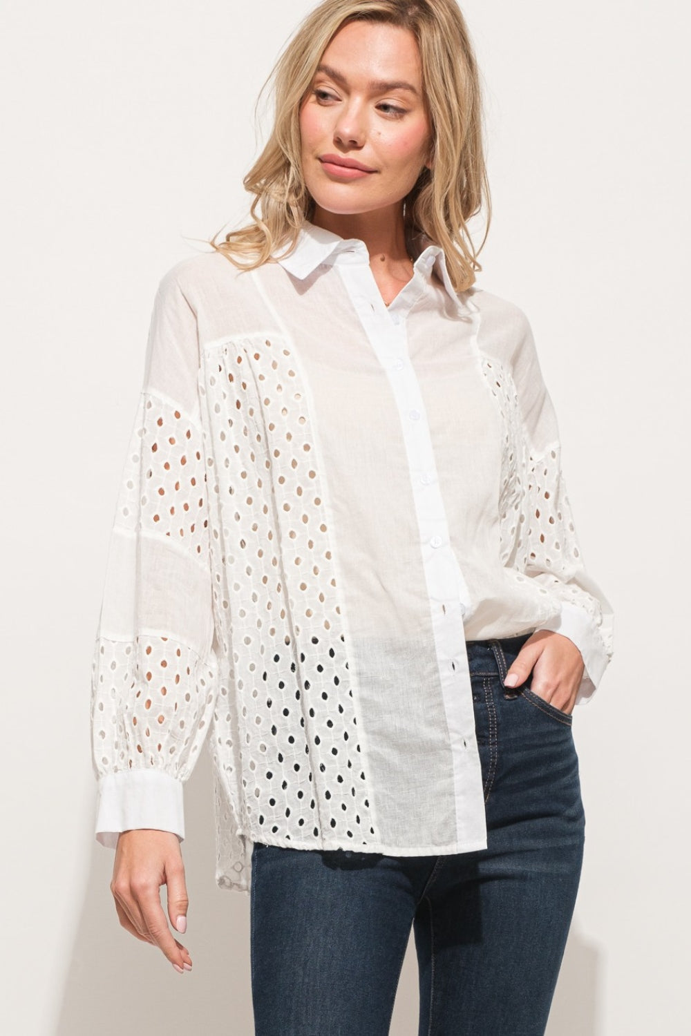 Blue Zone Planet | And The Why Eyelet Long Sleeve Button Down Shirt-TOPS / DRESSES-[Adult]-[Female]-WHITE-S-2022 Online Blue Zone Planet