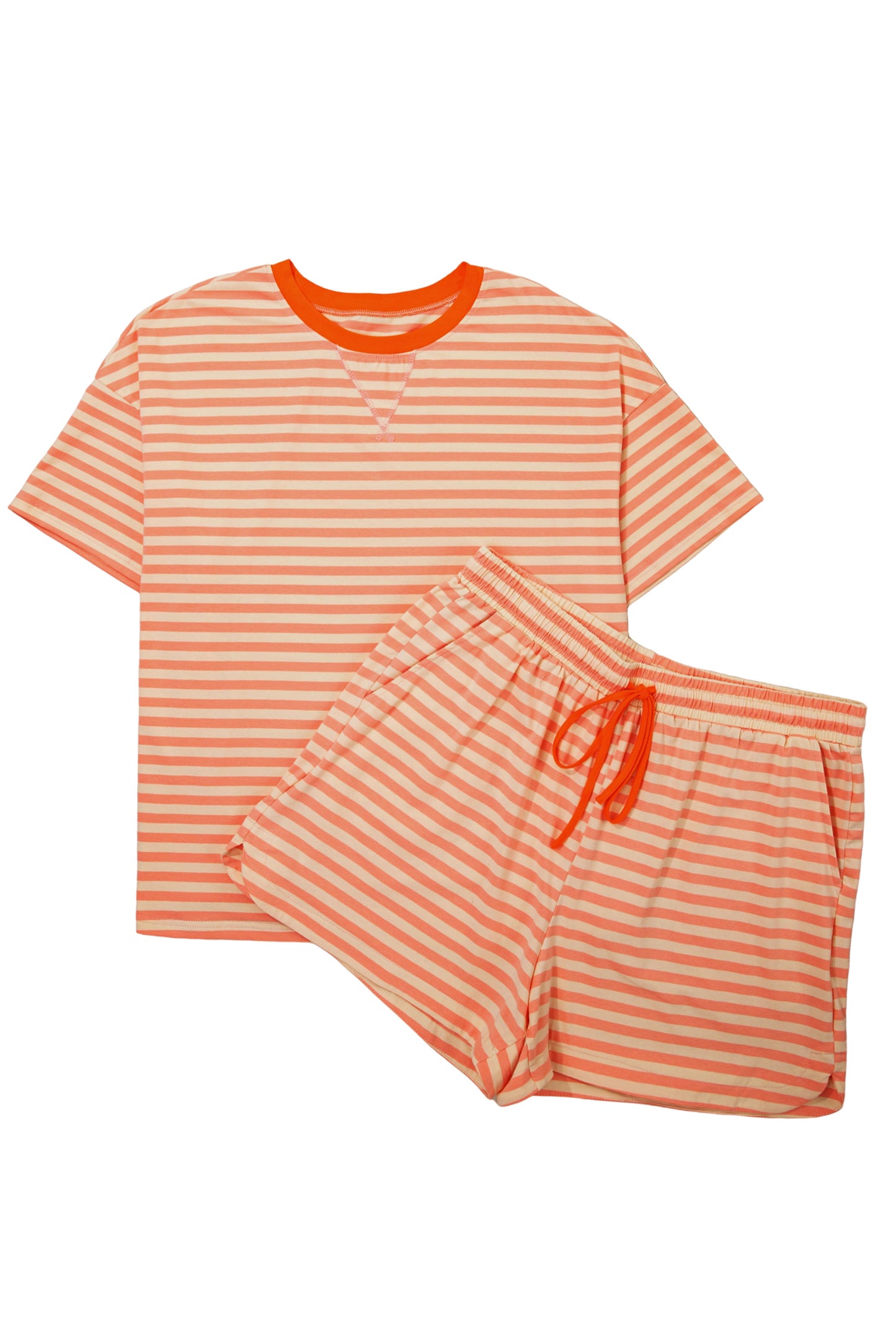 Pink Stripe Drop Shoulder T Shirt and Shorts Plus Size Summer Set-Plus Size/Plus Size Loungewear-[Adult]-[Female]-2022 Online Blue Zone Planet