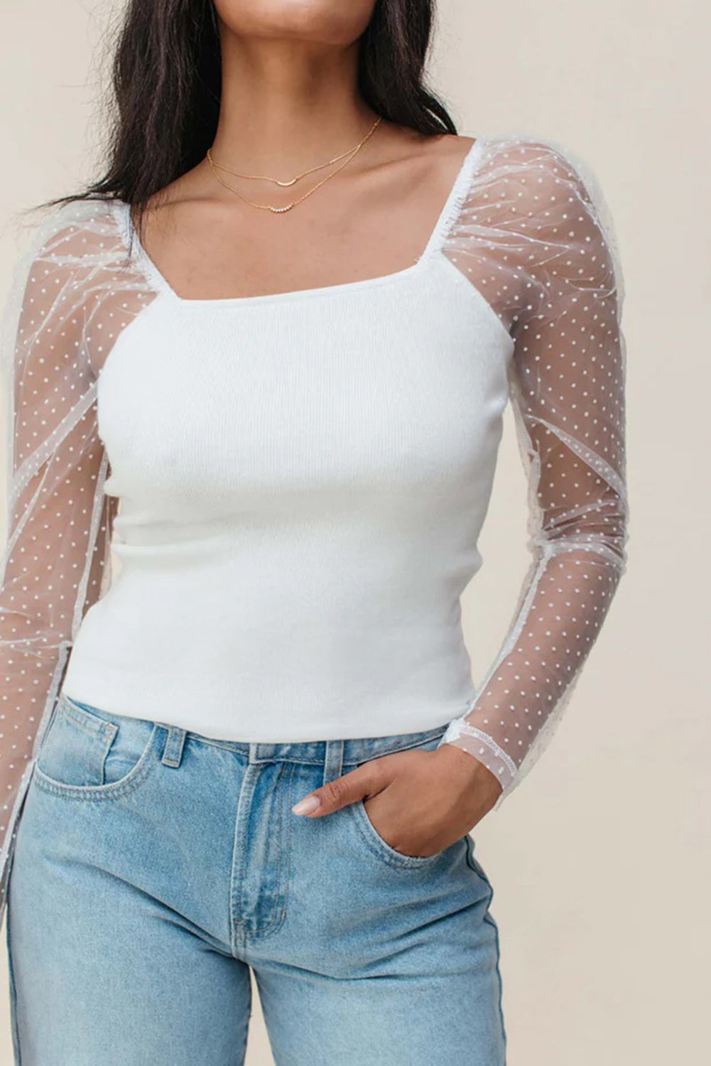 White Swiss Dot Mesh Long Sleeve Square Neck Slim Top-Tops/Long Sleeve Tops-[Adult]-[Female]-White-S-2022 Online Blue Zone Planet