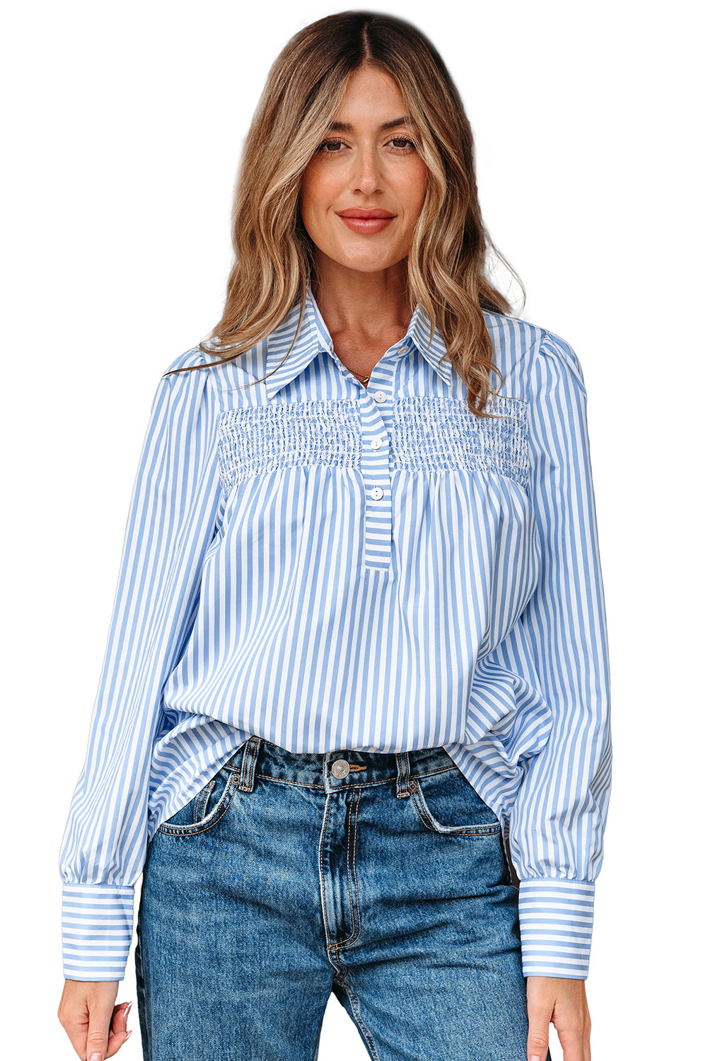 Sky Blue Stripe Shirred Detail Half Placket Collared Long Sleeve Fall Shirt-Tops/Blouses & Shirts-[Adult]-[Female]-2022 Online Blue Zone Planet