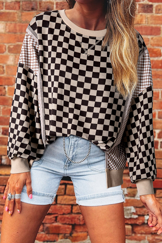 Khaki Mixed Checkered Pattern Patchwork High Low Casual Top-Tops/Long Sleeve Tops-[Adult]-[Female]-Khaki-S-2022 Online Blue Zone Planet