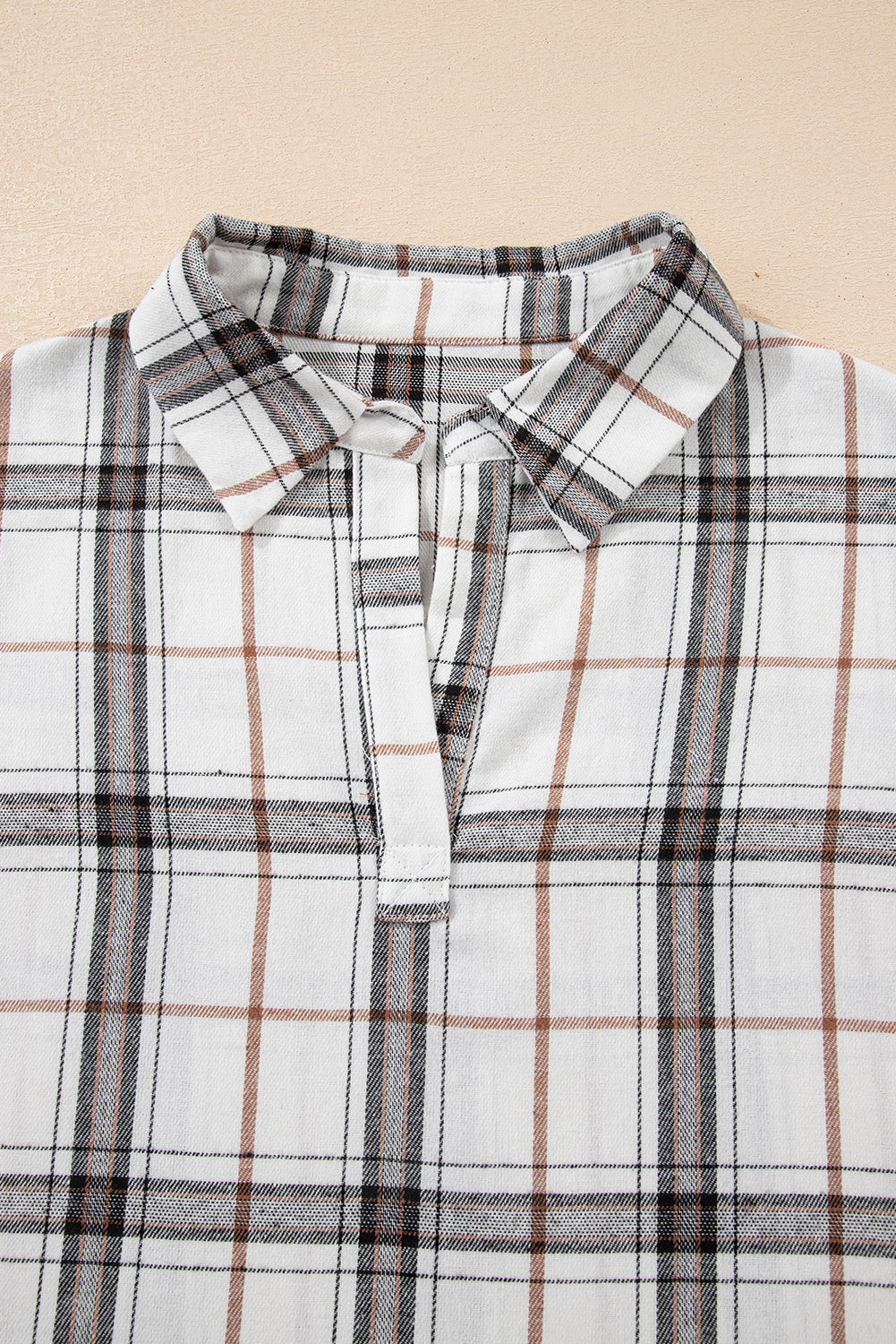 Red Plaid Print Collared V Neck Loose Blouse With Side Slits-Tops/Blouses & Shirts-[Adult]-[Female]-2022 Online Blue Zone Planet