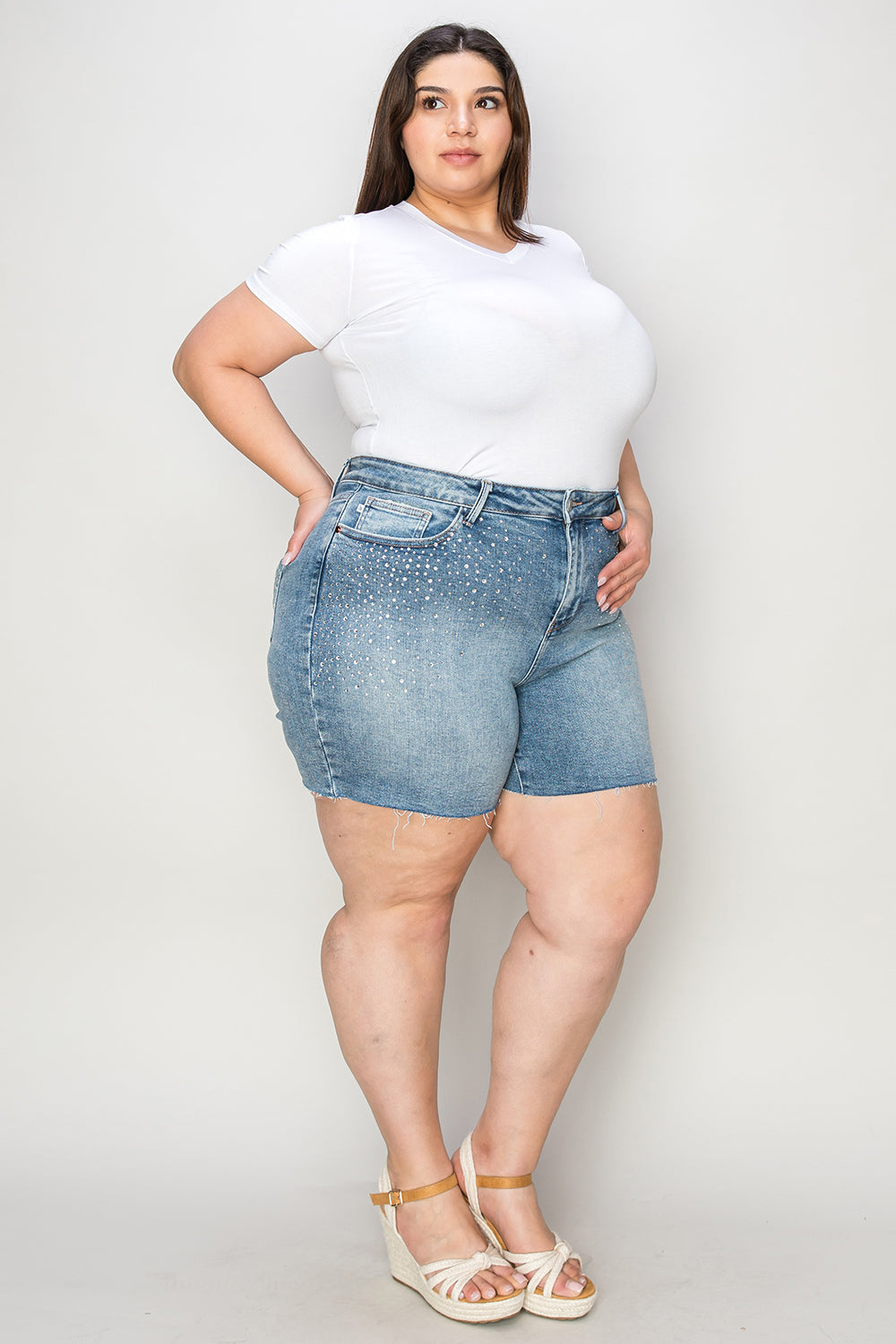 Judy Blue Full Size High Waist Raw Hem Denim Shorts-BOTTOM SIZES SMALL MEDIUM LARGE-[Adult]-[Female]-2022 Online Blue Zone Planet