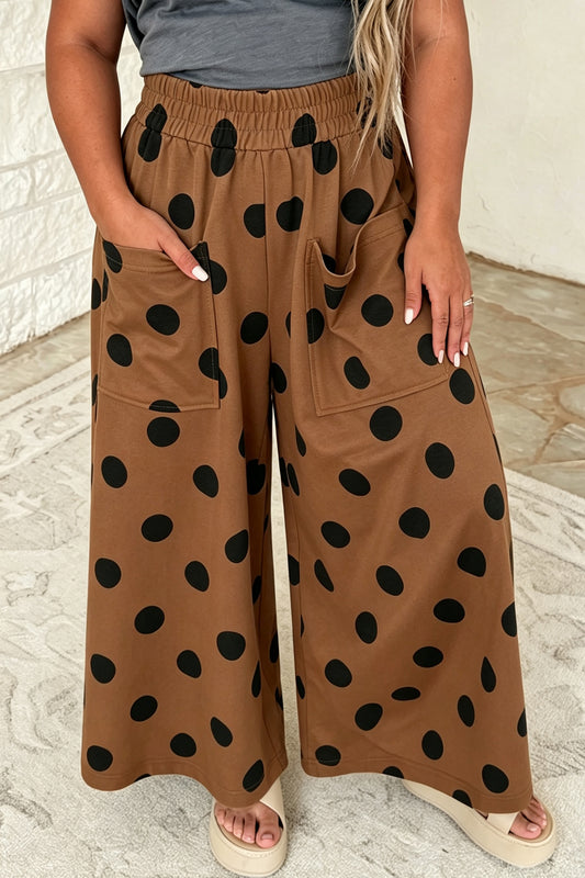 Brown Polka Dot Elastic Waist Wide Leg Plus Size Pants-Plus Size/Plus Size Bottoms-[Adult]-[Female]-Brown-1X-2022 Online Blue Zone Planet