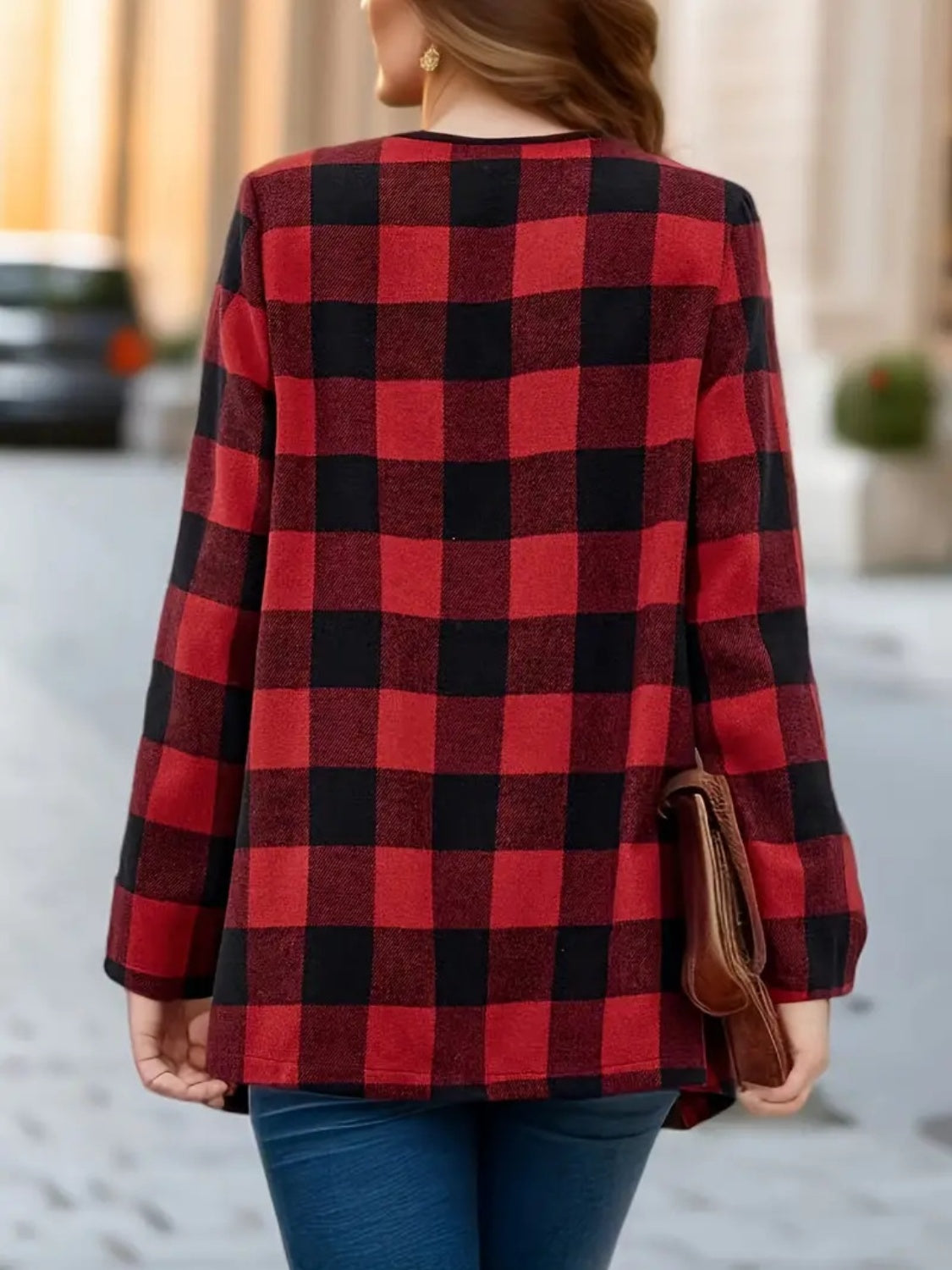 Plaid Open Front Long Sleeve Jacket-TOPS / DRESSES-[Adult]-[Female]-2022 Online Blue Zone Planet