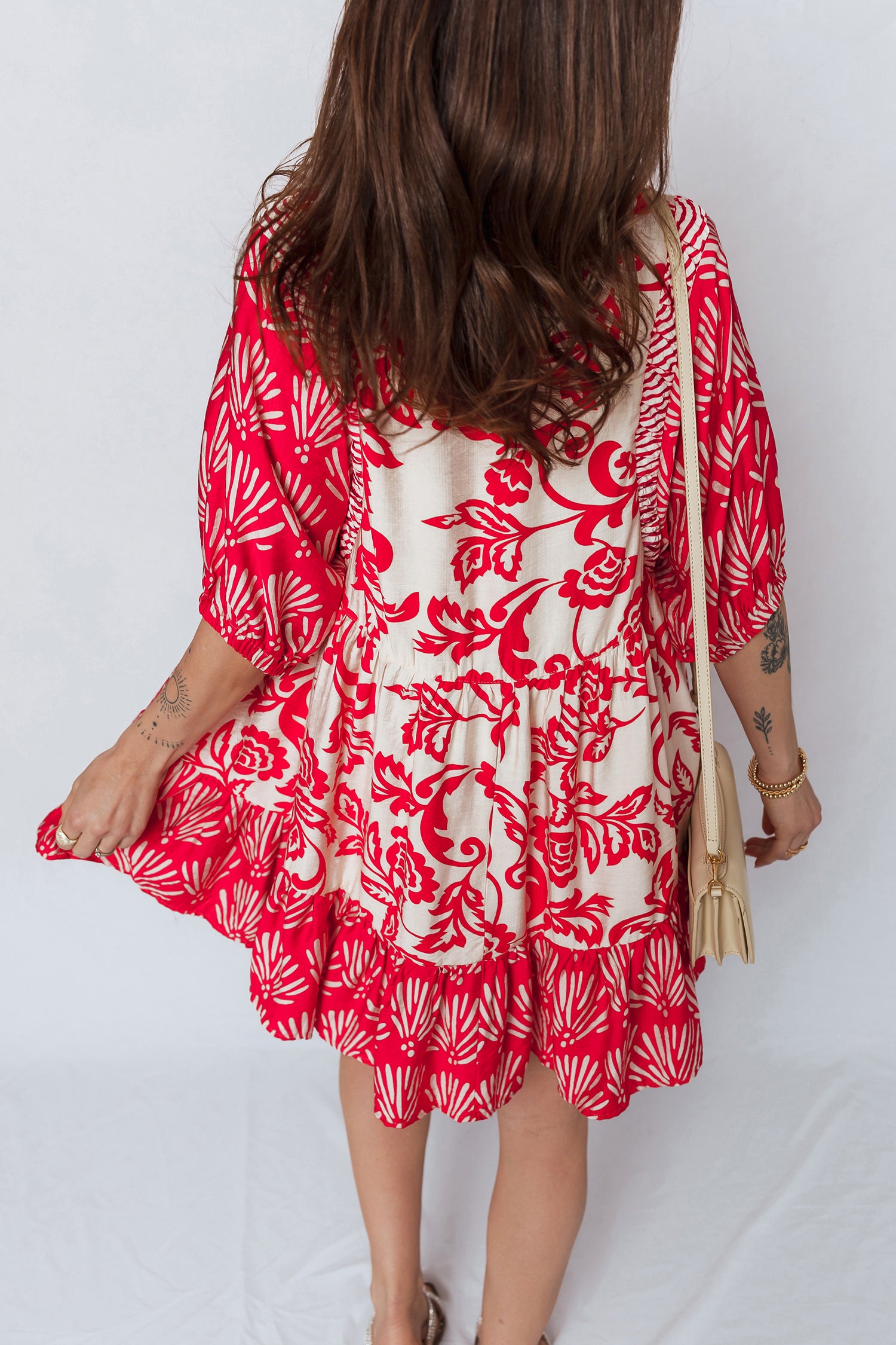 Red Collared V Neck Half Sleeve Loose Flower Mini Dress-TOPS / DRESSES-[Adult]-[Female]-2022 Online Blue Zone Planet