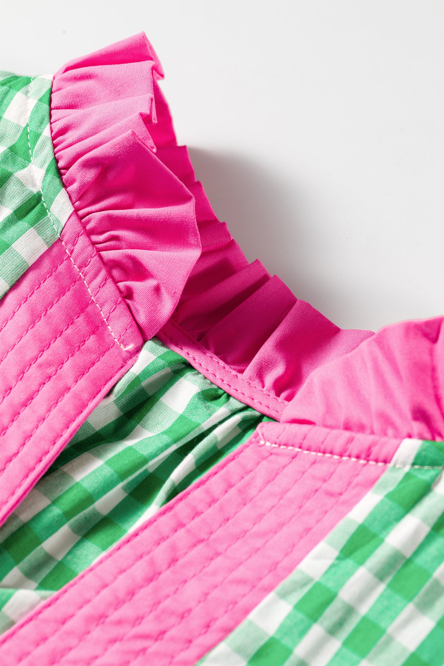 Green Gingham Plaid Bubble Sleeve Colorblock Trim V Neck Blouse-Tops/Blouses & Shirts-[Adult]-[Female]-2022 Online Blue Zone Planet