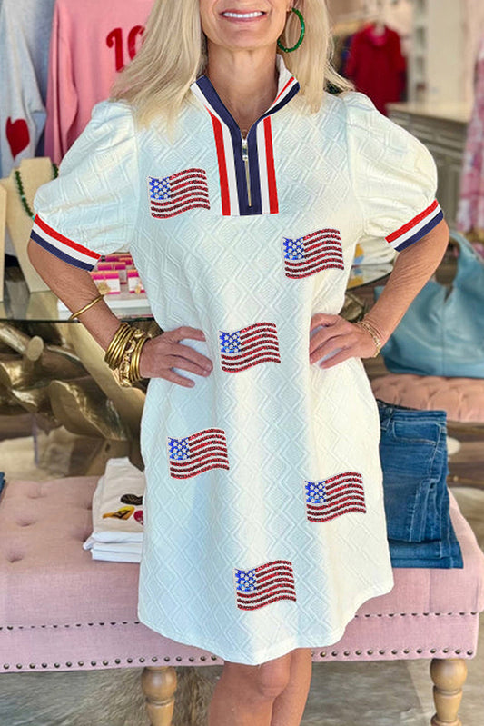 White Textured Contrast Striped Detail Sequin USA Flag Patched Mini Dress-Graphic Apparel-[Adult]-[Female]-White-L-2022 Online Blue Zone Planet