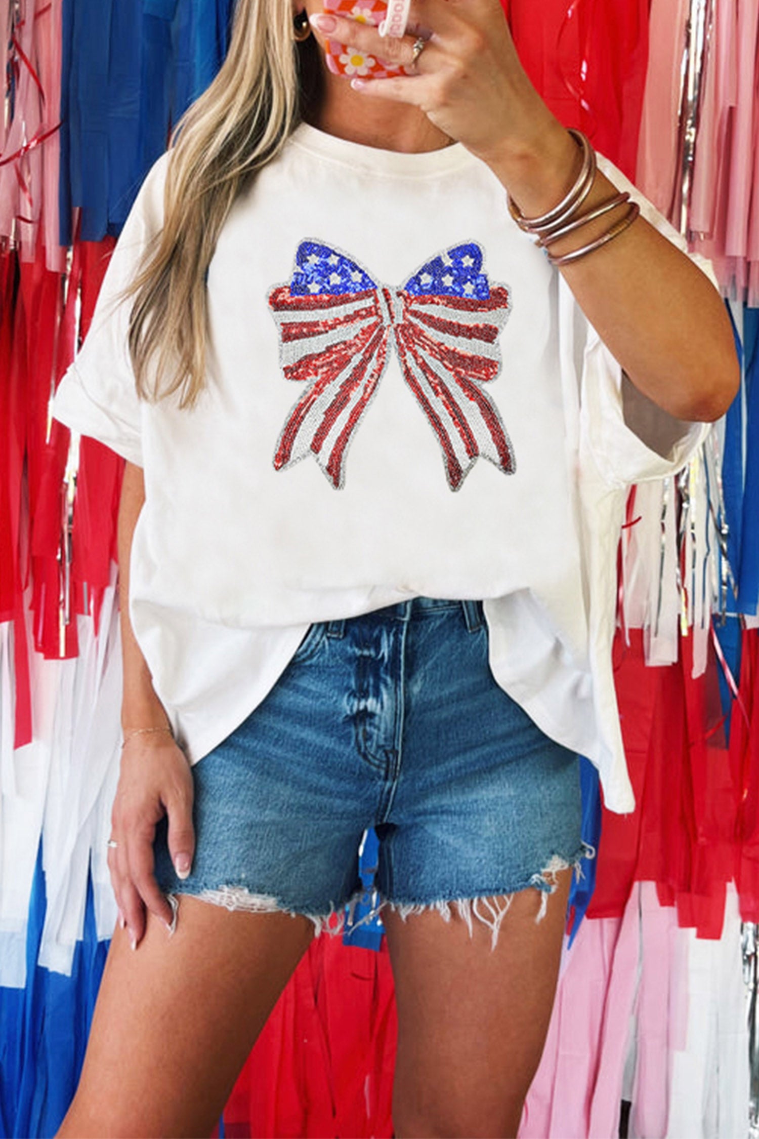 White Patriotic Sequin Bow Graphic Oversized Tee-Graphic/Graphic Tees-[Adult]-[Female]-2022 Online Blue Zone Planet