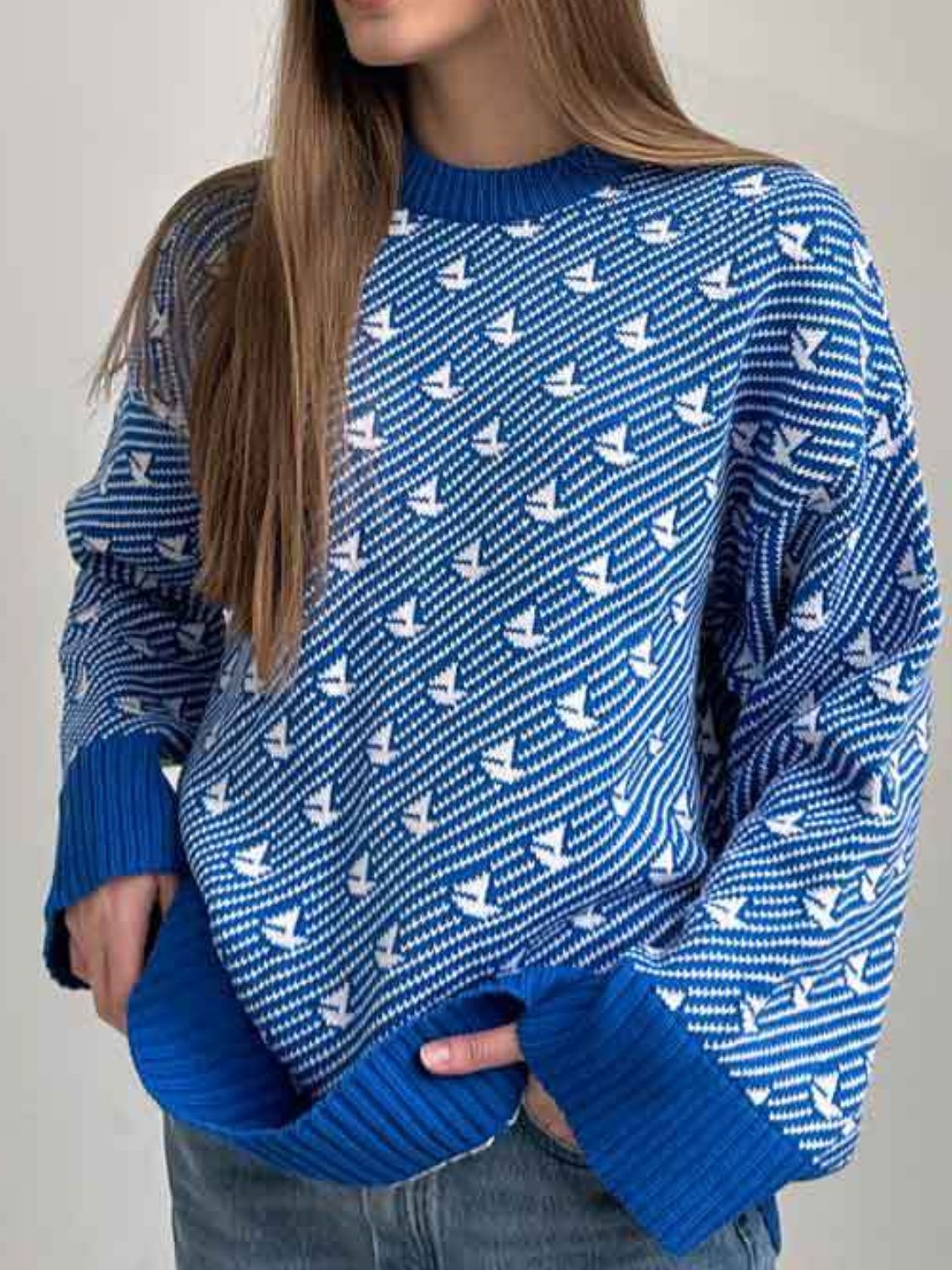 Contrast Round Neck Long Sleeve Sweater-TOPS / DRESSES-[Adult]-[Female]-Royal Blue-S-2022 Online Blue Zone Planet