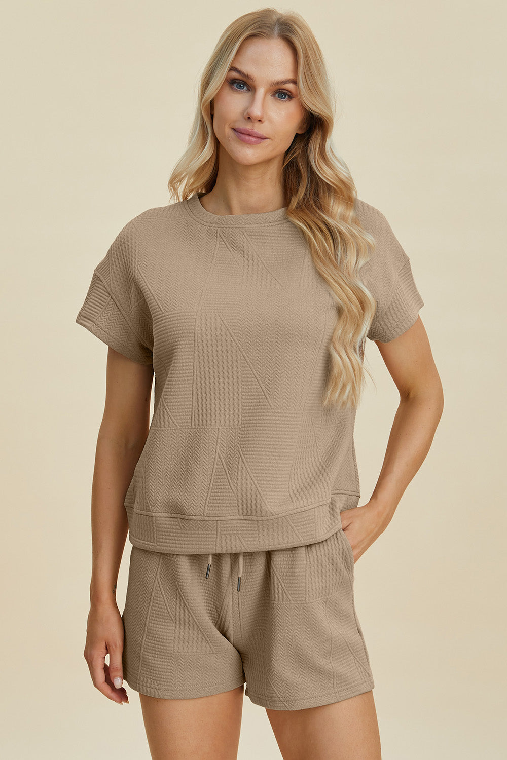 Double Take Full Size Texture Short Sleeve Top and Shorts Set-TOPS / DRESSES-[Adult]-[Female]-Khaki-S-2022 Online Blue Zone Planet