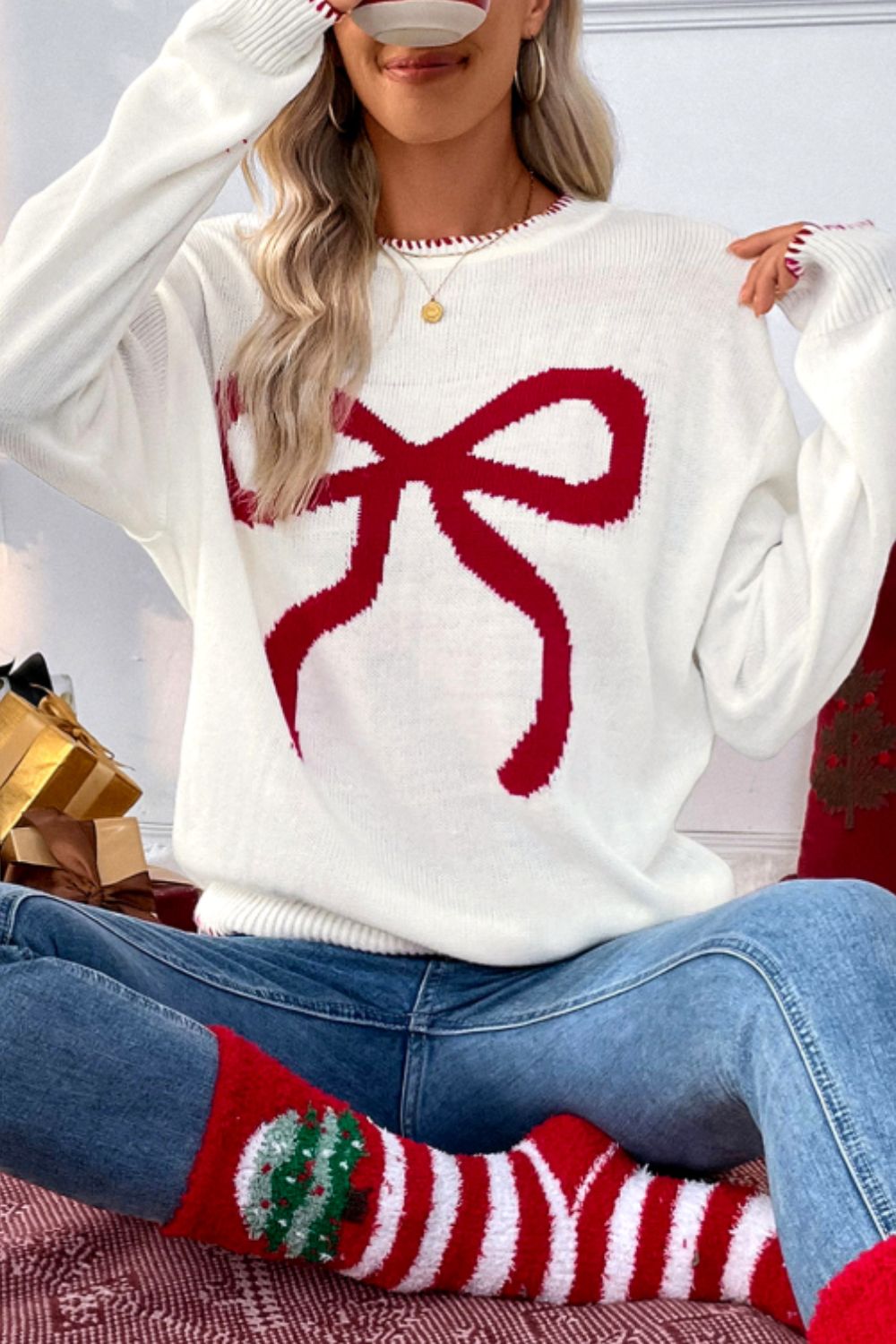 Bow Round Neck Drop Shoulder Sweater-TOPS / DRESSES-[Adult]-[Female]-2022 Online Blue Zone Planet