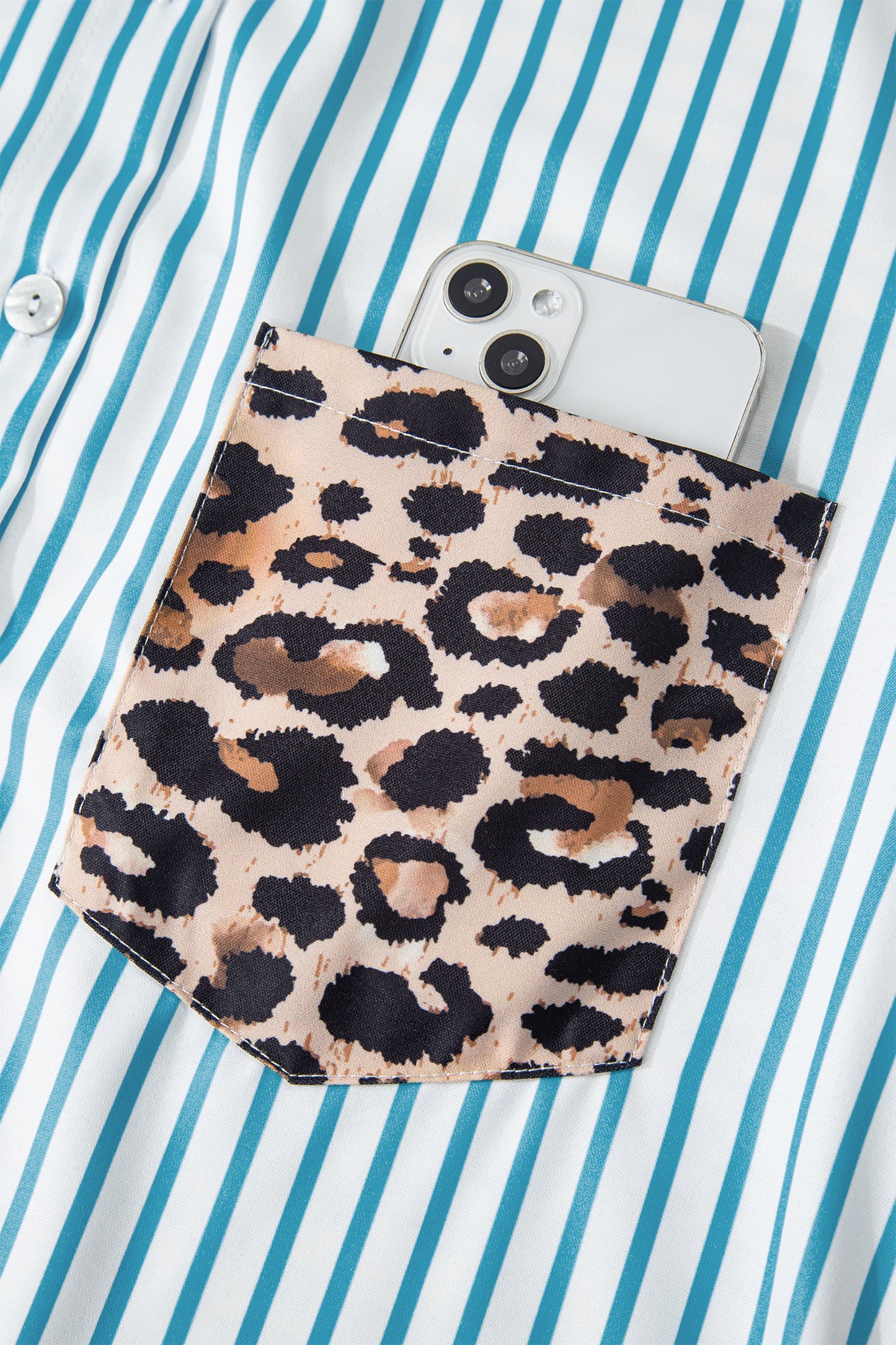 Sky Blue Stripe Contrast Leopard Patchwork Long Shirt Dress with Slits-TOPS / DRESSES-[Adult]-[Female]-2022 Online Blue Zone Planet