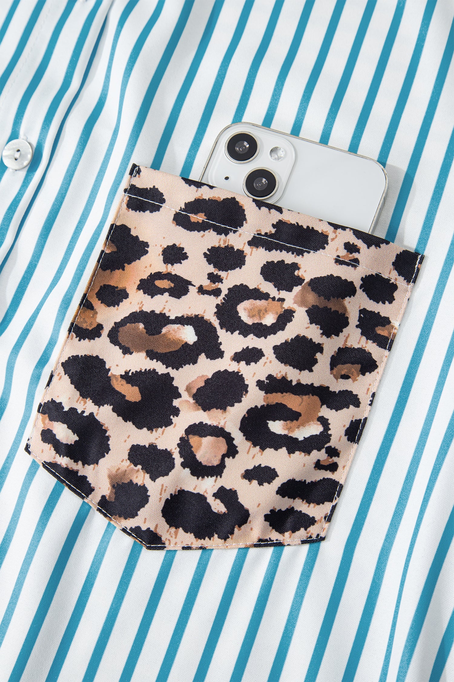 Sky Blue Stripe Contrast Leopard Patchwork Long Shirt Dress with Slits-TOPS / DRESSES-[Adult]-[Female]-2022 Online Blue Zone Planet