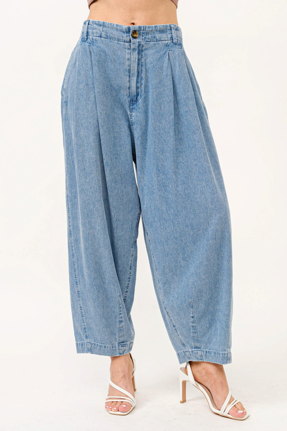 And The Why Elastic Back Pleated Baggy Jeans-[Adult]-[Female]-Denim-S-2022 Online Blue Zone Planet